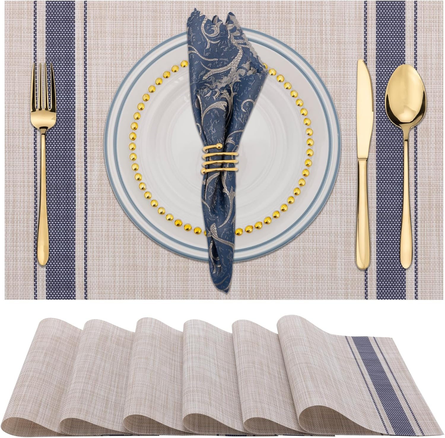 Placemats Set of 6, Heat & Stain Resistant Non-Slip Elegant Woven Vinyl Table Mats, Washable Table Mats for Dining Room Kitchen (Beige White)