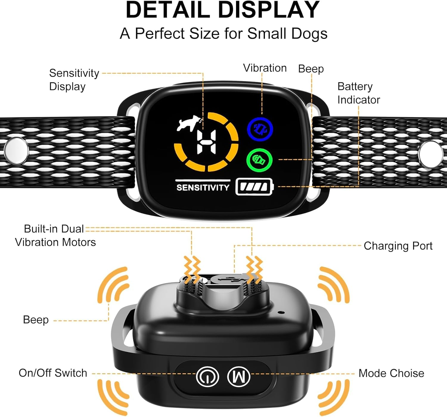 Small Dog Bark Collar, Rechargeable anti Bark Collar for Small Dogs-Bark Control Device with Adjustable Sensitivity and Intensity Beep Vibration Bark Collar (Black) image number 2