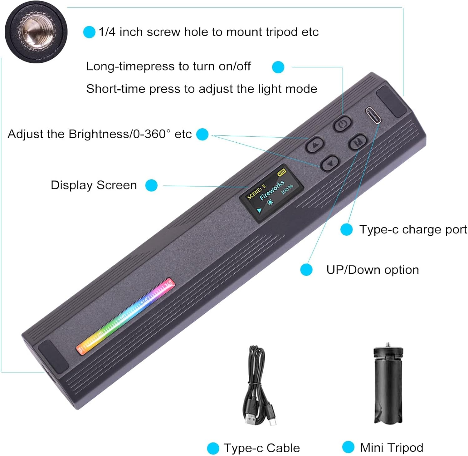W200 Handheld RGB Light Wand, 200Mm RGB Light Bar 360&deg; Full Color Portable Photography Lighting with Magnet and Bi-Color CCT Mode. CRI 95+ 2500-9000K Dimmable Camera Light Illumination 800Lux /0.3M , 20 Color Effects 7W Power 3000Mah Lithium-Ion Battery (Type C Rechargeable) One Tripod and One USB Cable Inclued. image number 3