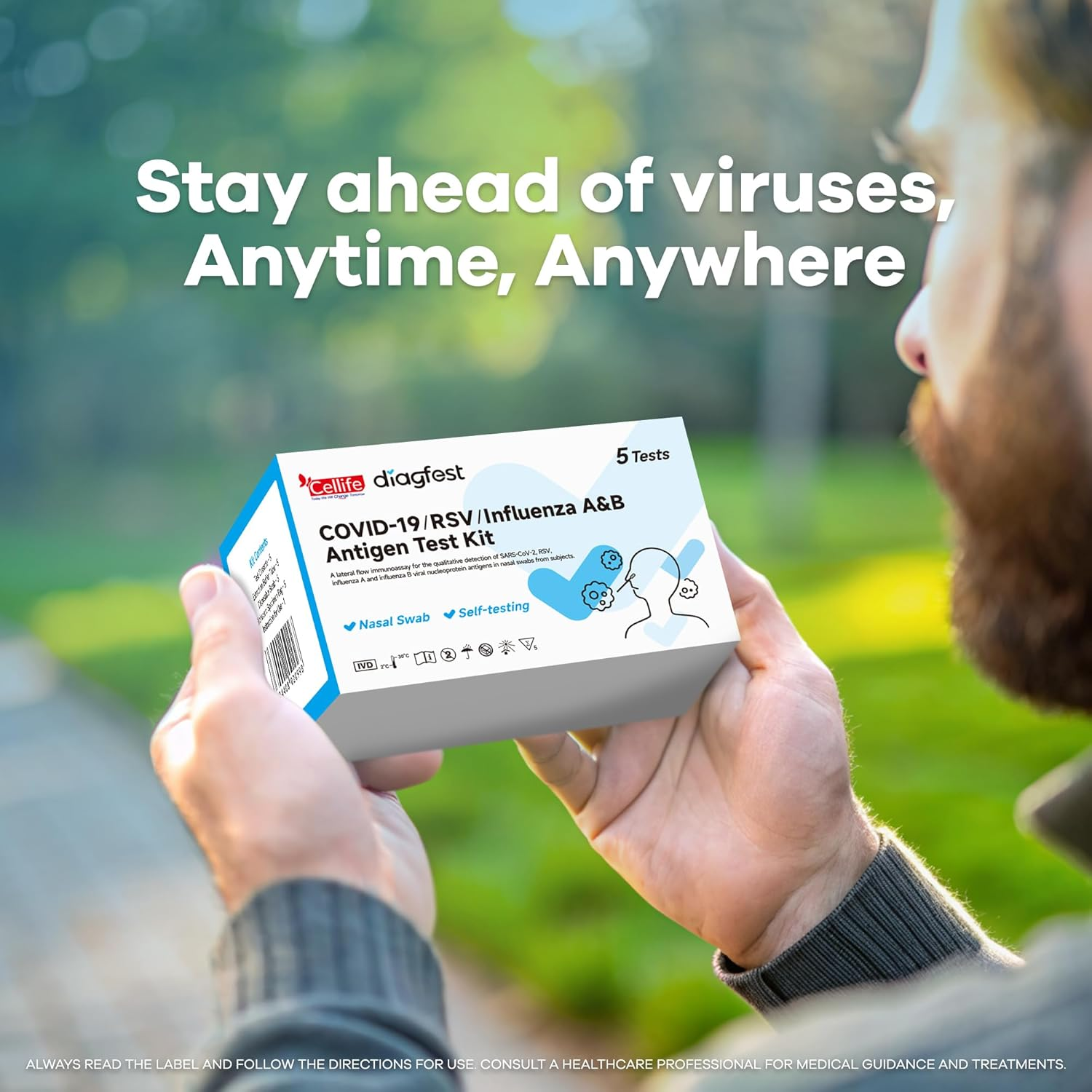 Cellife COVID-19, RSV, Influenza A&B Antigen Test Kit, 3-In-1 Home Self Test, Nasal Swab, Rapid Results in 15 Minutes, 5 Pack (5 Tests Total) image number 1