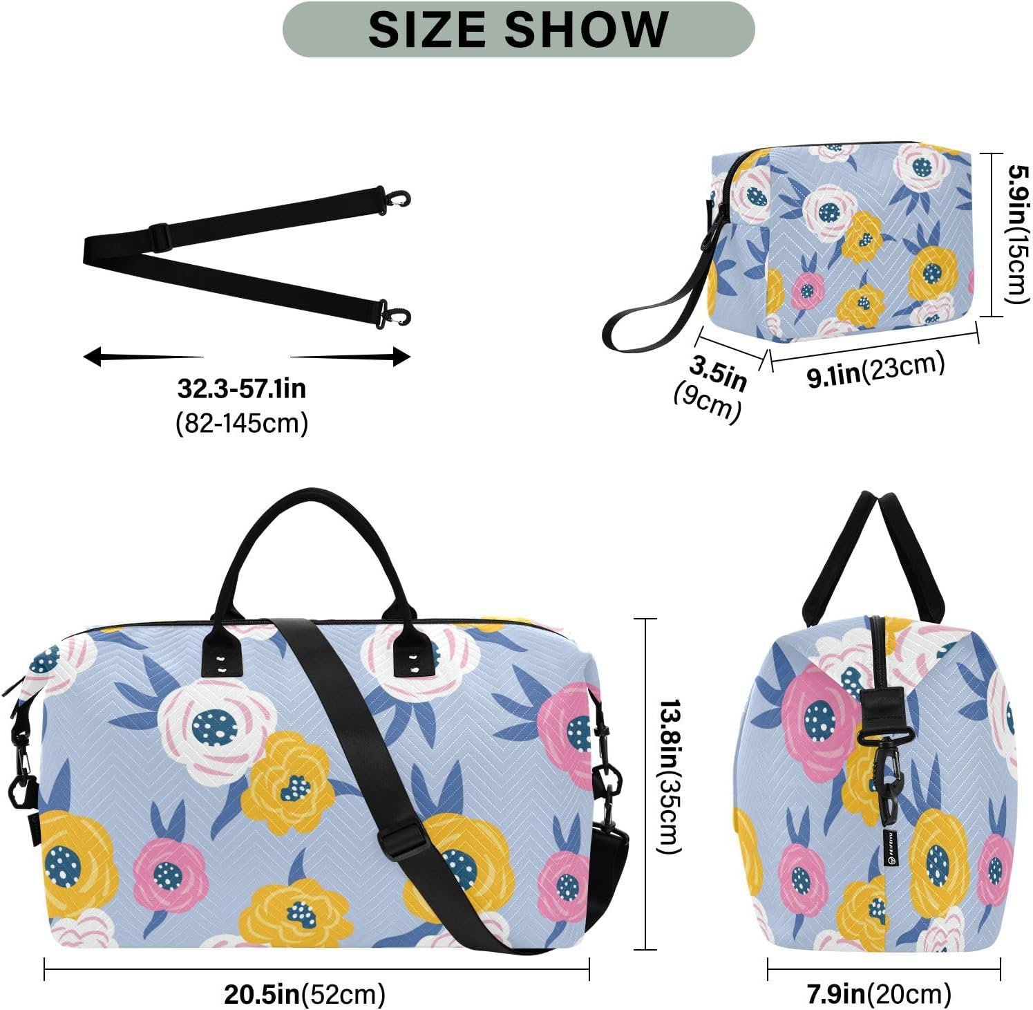 Fun Floral Blue Travel Bag Travel Weekender Gear Bag Tote Bag with Adjustable Strap for Trip 2 Pcs Set, Fun Floral Blue, One Size, Fun Floral Blue, One Size image number 4