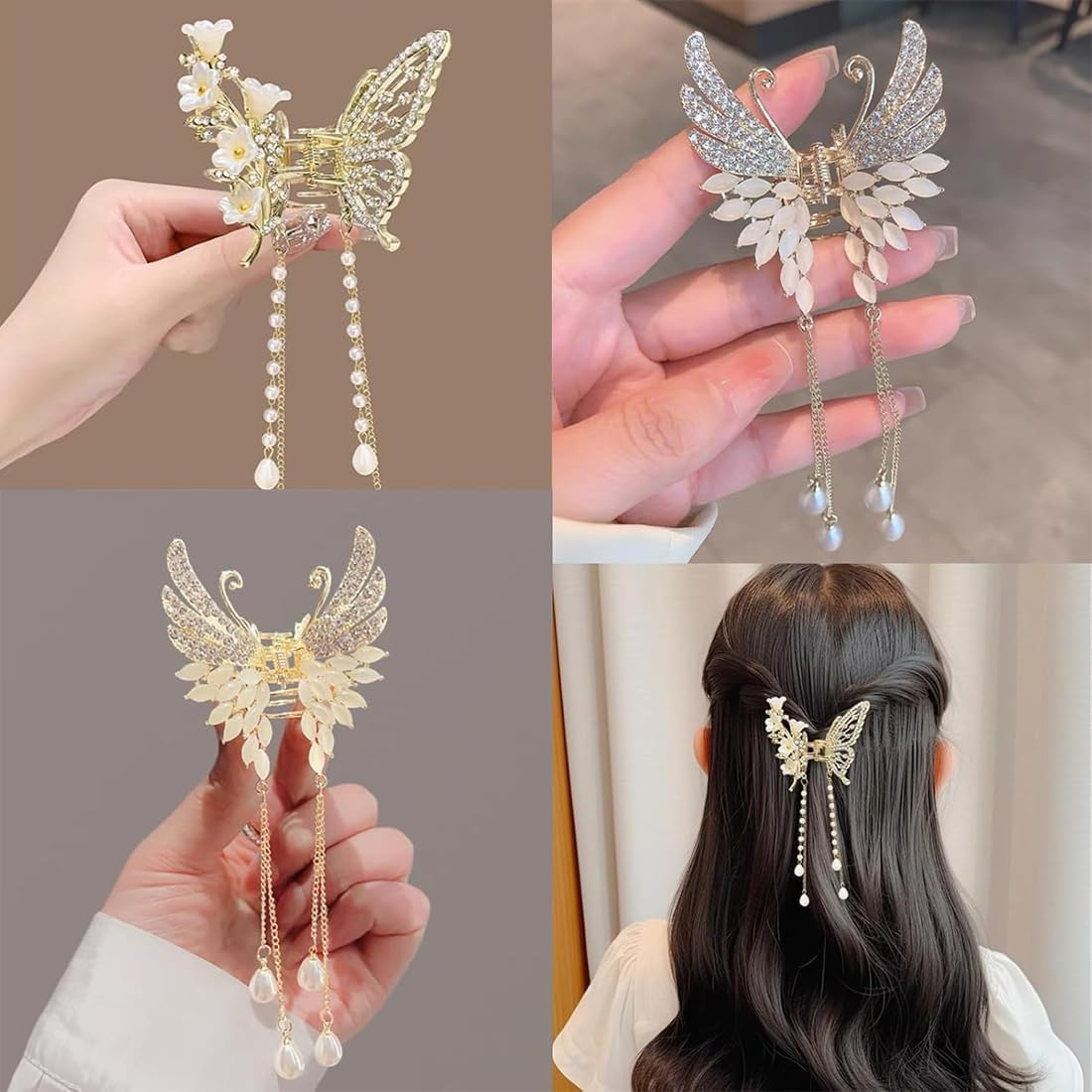 Bangbobi Butterfly Hair Accessories - Set of 3 Elegant Hair Clips with Metal and Pearls for Women and Girls - Hair Clip Butterfly Pearls Rhinestone image number 6