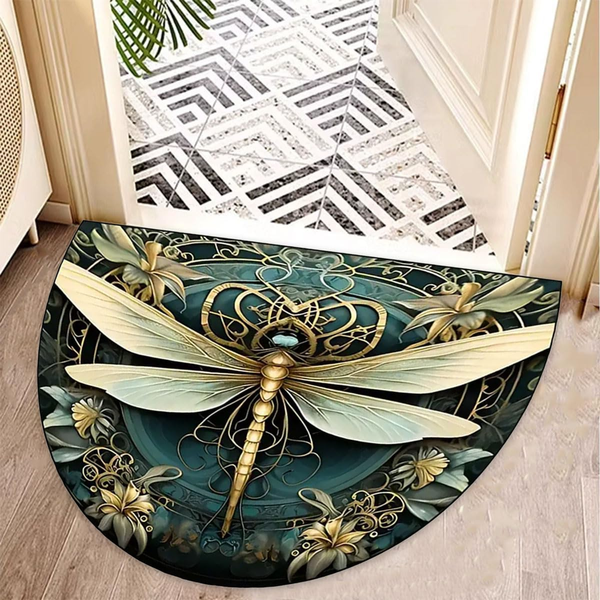 AIMALL Semicircle Floral Entryway Floor Mat, 19.7X31.5In Non-Slip Dragonfly Printed Rug for Indoor Outdoor Doorways, Waterproof Easy-Clean Carpet for Kitchen and Home Decor image number 3