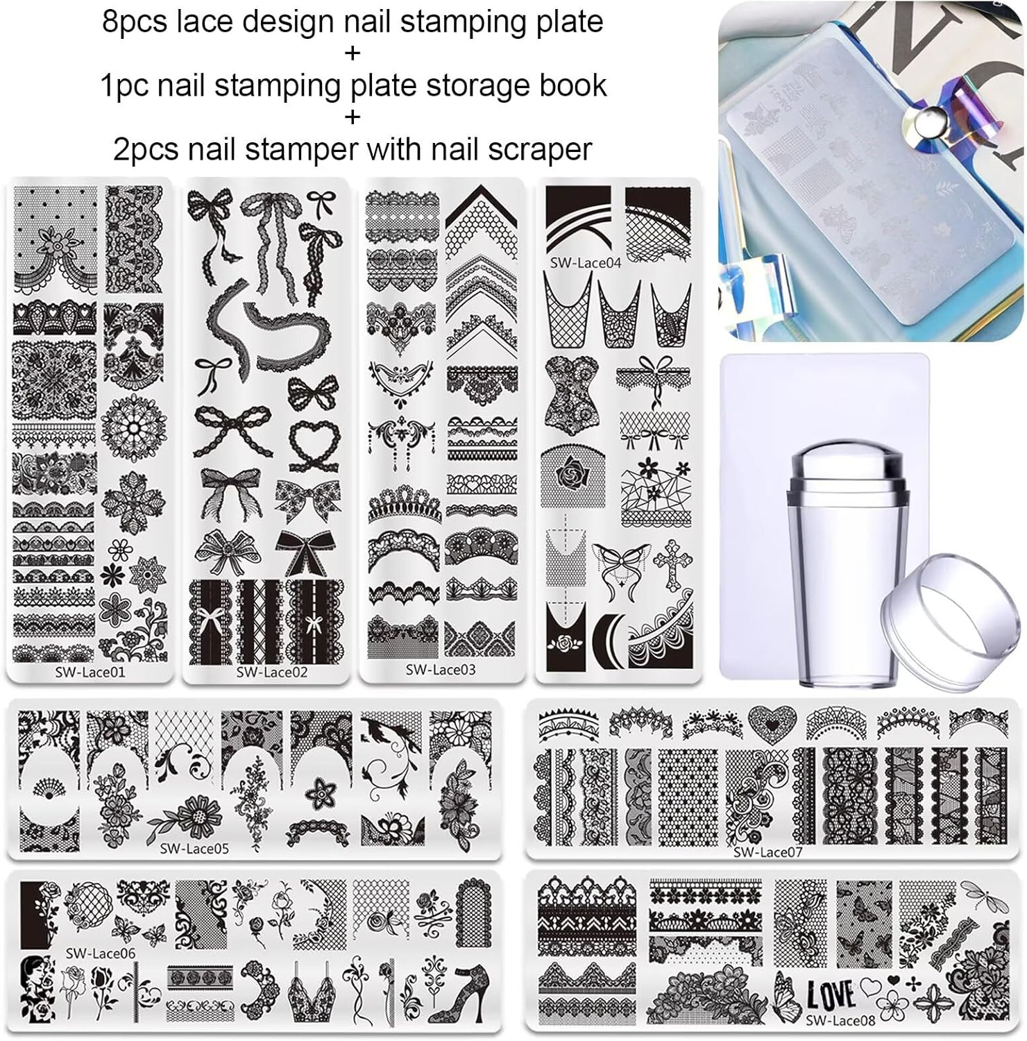 Lace Nail Stamping Plates Set French Tip Silicone Bow Design Nail Stamping Plates Nail Stamping Plates Laser Storage Bag Nail Stencils Supplies image number 4