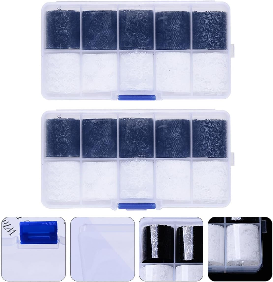 TEHAUX 2 Boxes Black and White Lace Nail Art Stickers Set, 10 Styles Decorative Nail Charms Decals for Creative Manicure and Salon Use image number 3