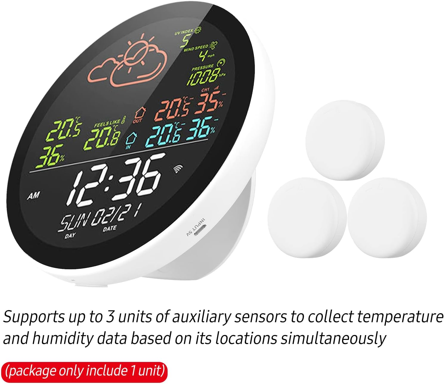 Nurdo Tuya Wifi Smart Weather Station with Clock Indoor and Outdoor Temperature&Humidity Meter Multifunctional Large Color Screen Weather Clock Temp.&Humidity Gauge with 3 Sensor - With 3 Sensors image number 2