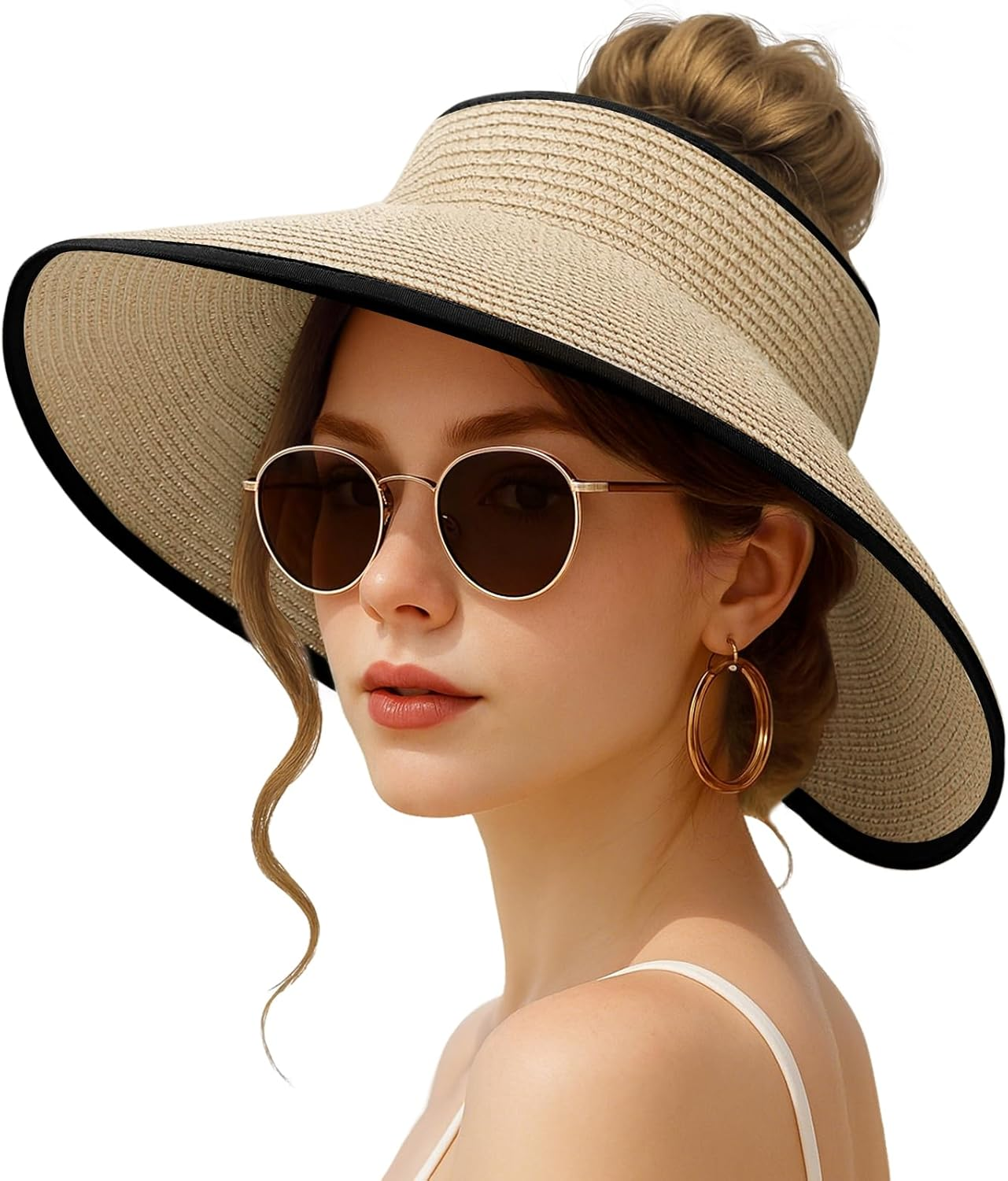 XMMAXFLOW Sun Hats for Women Beach Hats Wide Brim Straw Sun Visors Ponytail Hat Summer Packable Foldable Travel