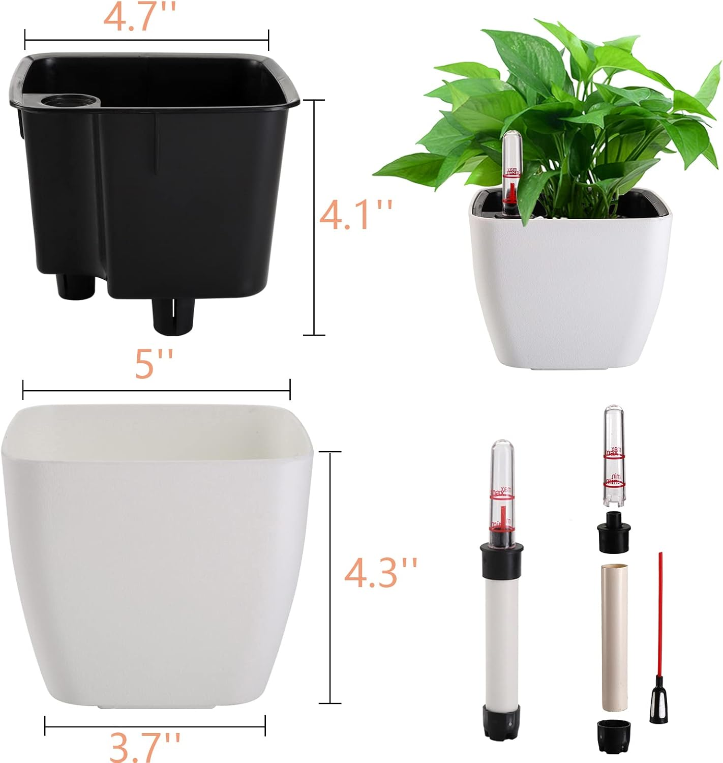 Yarlung 6 Pack Self Watering Planter with Water Level Indicator, 5 Inch Plastic Plant Flower Pots Nested Container for Indoor Plants, Herbs, Aloe, Outdoor Gardening