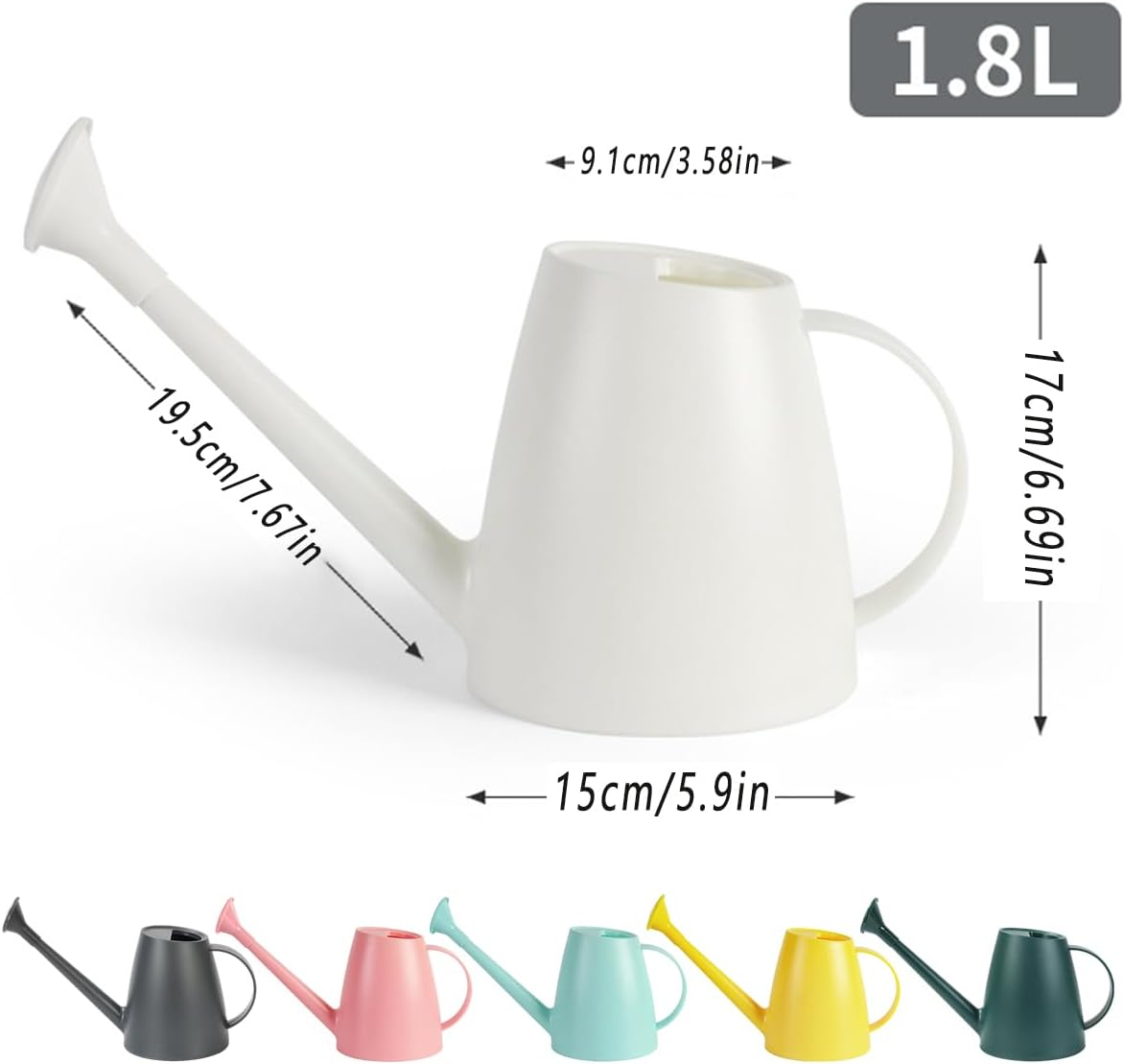 AIMALL Rotatable Sprinkler Head - 1.8L Plastic Garden Watering Can with Long Spout, Available in Gray, Green, Blue, Yellow, Pink, White, 7.67 X 5.9 Inch image number 6
