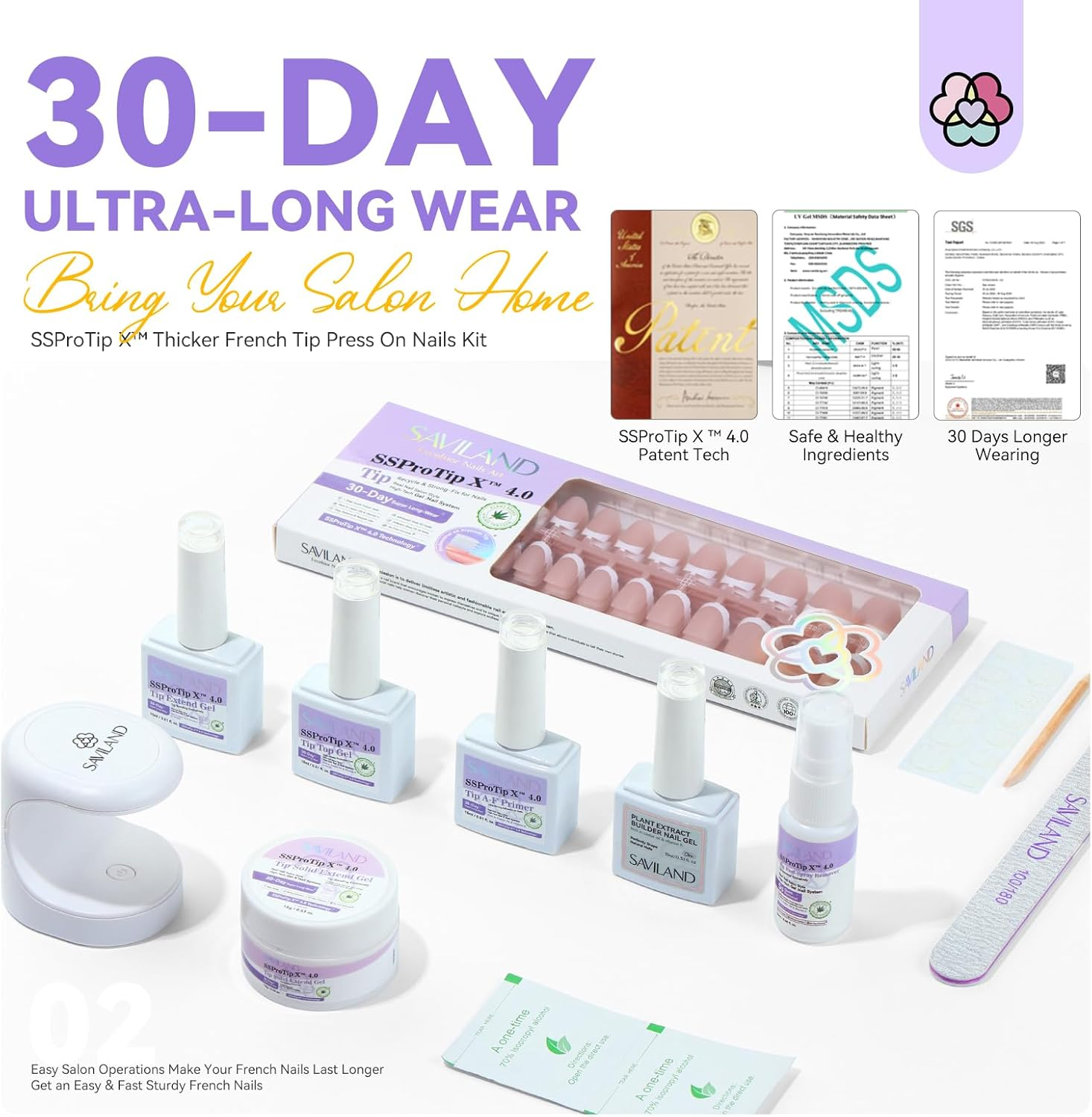 SAVILAND French Gels Nail Kit: Long-Lasting Extra Short Square Press on Nails DUO Thick & Perfect Nude French Gels Tips Chip-Free Sturdy-Fit Solid Nail Glue Gel U V/LED Lamp Nail Supplies image number 1