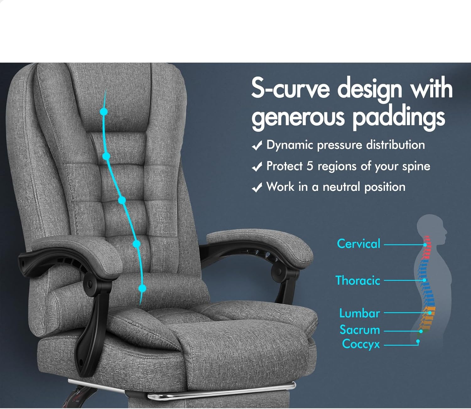 ALFORDSON Office Chair with 2-Point Massage, Ergonomic Computer Chair with Footrest Executive Fabric Home Desk Chair High Back Recliner Chair, Fabric Grey image number 2