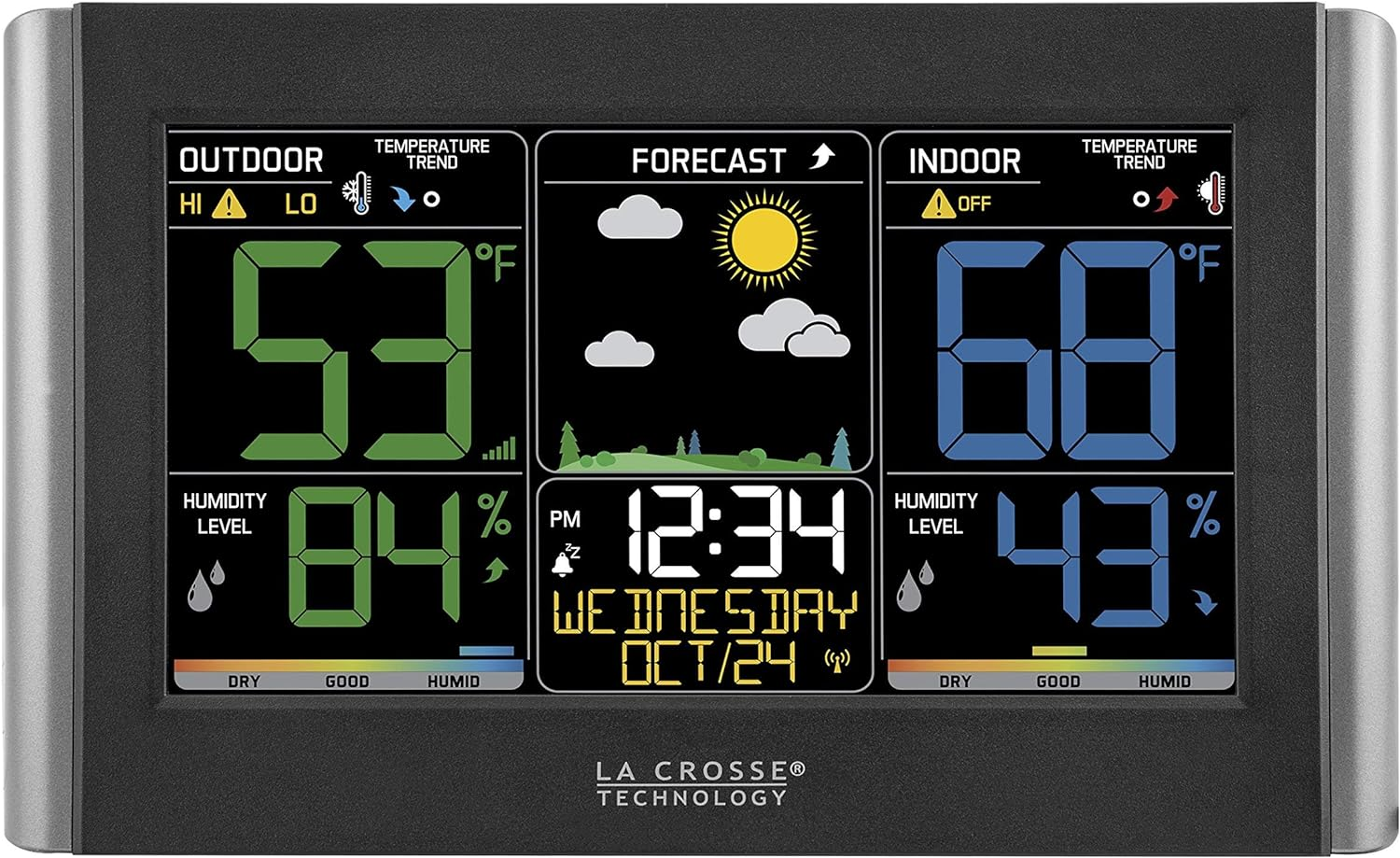 La Crosse Technology Weather Station with Customizable Alerts, Weather Forecast, Temperature, Dew Point, Humidity, Time, Heat Index, Large Display, Adjustable Brightness, Wireless, Black, C85845-INT