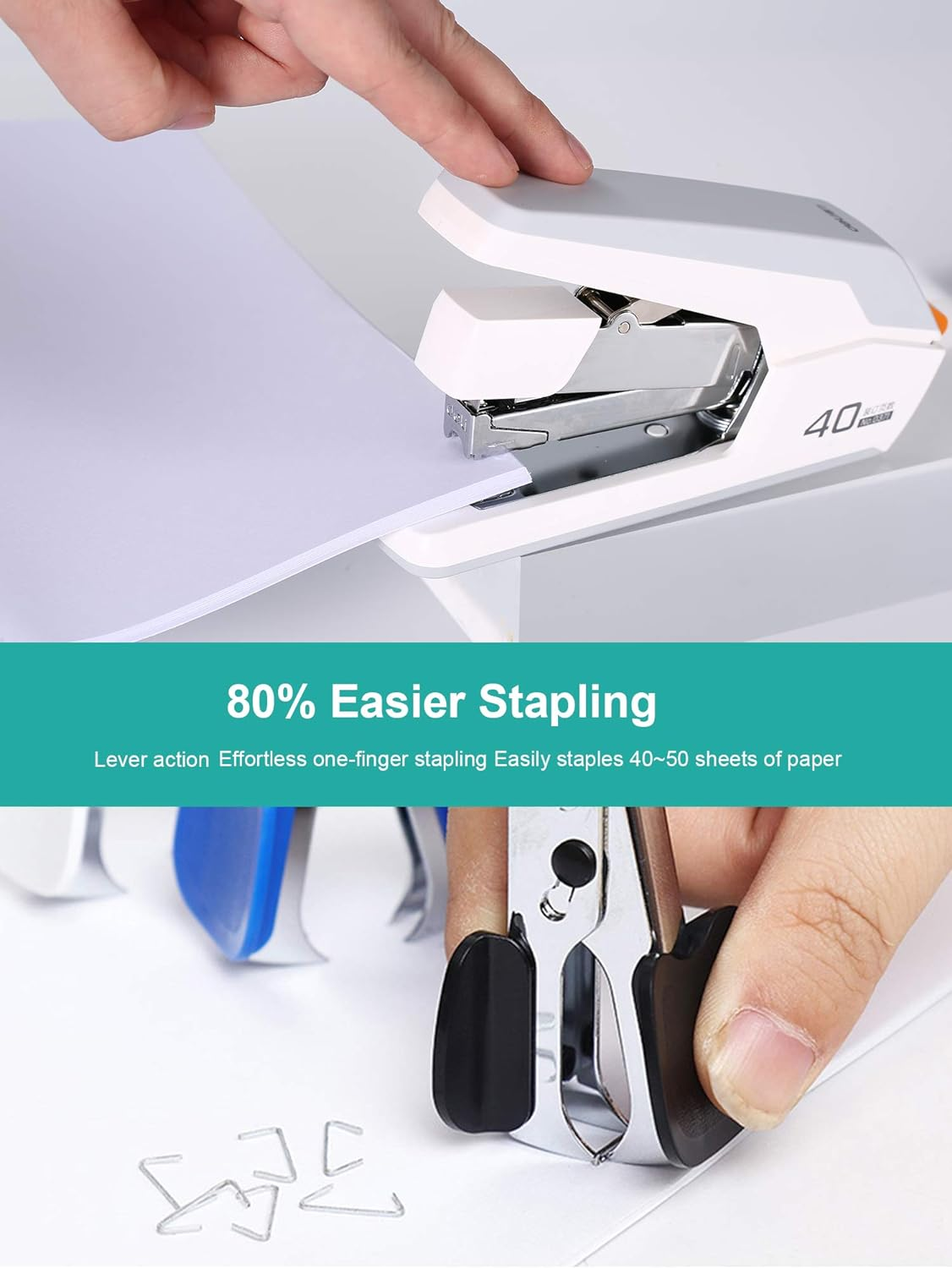 Deli Effortless Desktop Stapler, 40 Sheet Capacity, One Finger Touch Stapling, Easy to Load Ergonomic Heavy Duty Stapler, Includes 1500 Staples and Staple Remover image number 4