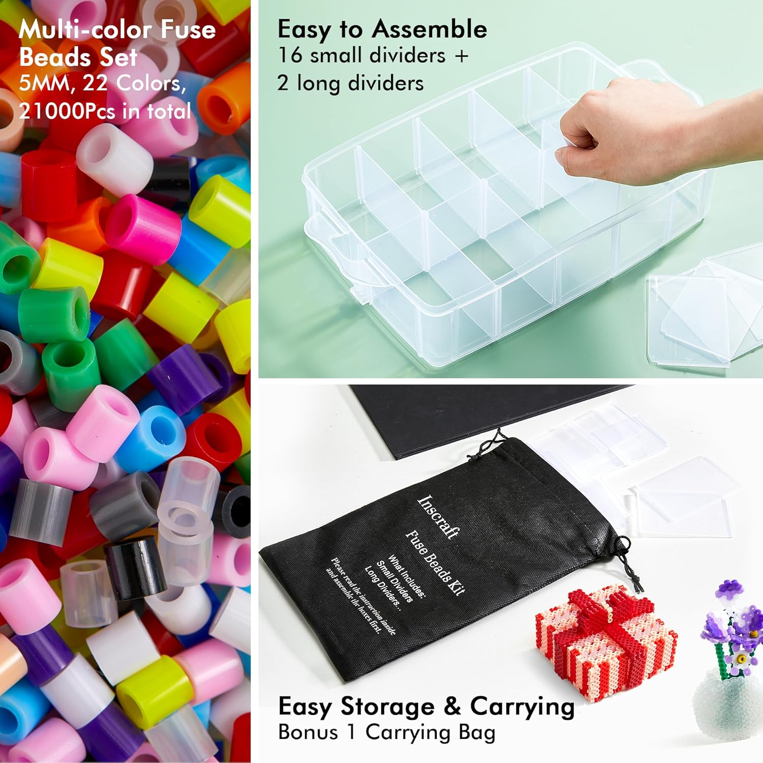 INSCRAFT Fuse Beads, 21,000 Pcs Fuse Beads Kit 22 Colors 5MM for Kids, Including 8 Ironing Paper,48 Patterns, 4 Pegboards, Tweezers, Beads Compatible Kit