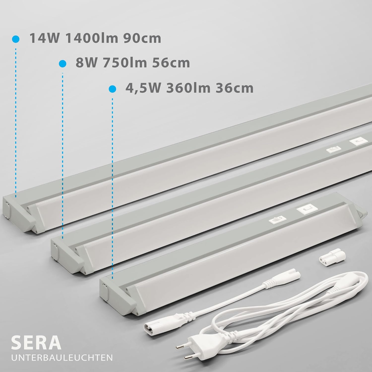 Max K O M F O R T Sera-M LED Under-Unit Light, 56 Cm, Swivelling, Grey, Kitchen Lamp with Switch and 3-Level Dimming Function, 8 W, CCT Colour Changing, Warm White/Neutral White/Cool White, 750 Lm - Sera-S image number 2