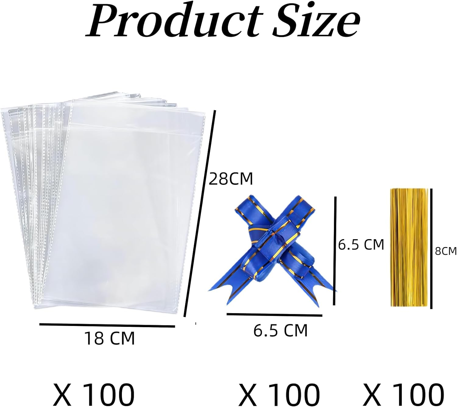 MAIHUO 100 Pack Cellophane Bags Large,With 100 Pcs Blue Pull Bows Ties and 100 Pcs 8Cm Gold Twist Ties,Cellophane Bags (18X28Cm)