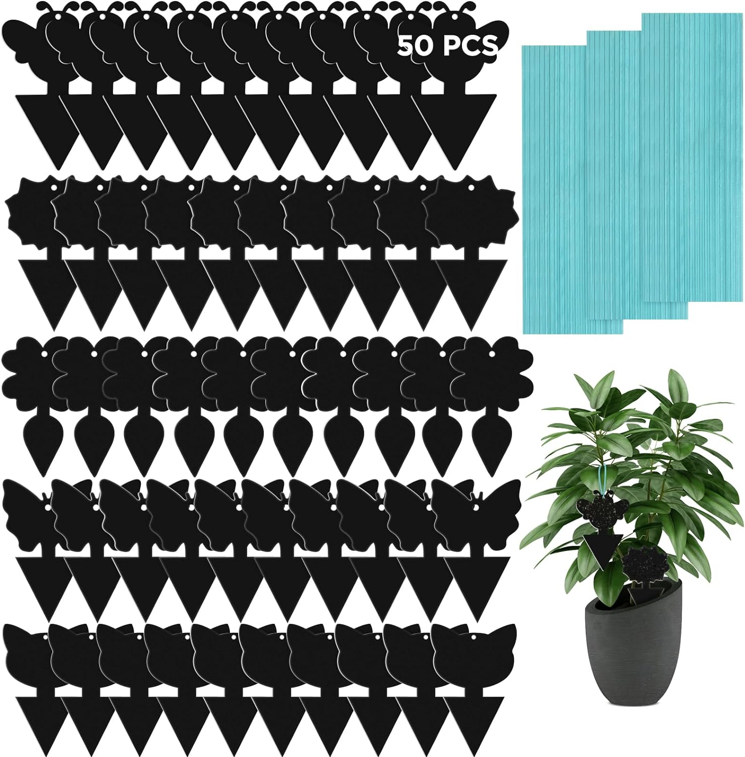 50 PCS Sticky Traps, KIKISML Black Dual-Sided Sticky Insect Catcher with Twist Ties Fruit Fly Fungus Gnat Trap Killer for Whiteflies Mosquitos Fungus Aphids Leafminers Indoor Outdoor Use, Black