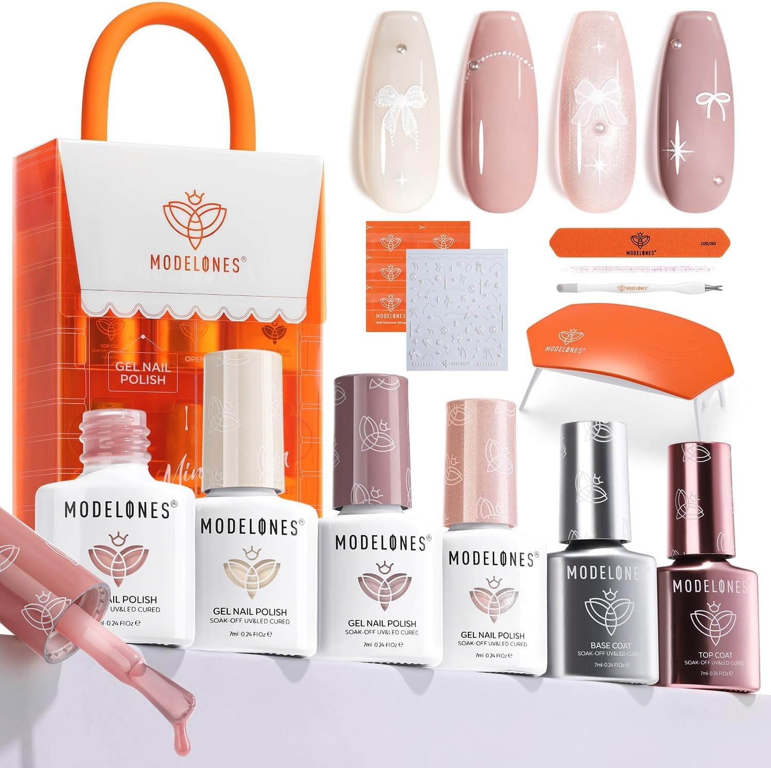 Modelones Gel Nail Polish Kit with U V Light, 4 Colors Gel Mini Salon, Base&Top Coat and Stickers, Milky White Nude Pink Glitter Fall Manicure Set, DIY Home Nail Art Decoration Kit, Gift for Women image number 4