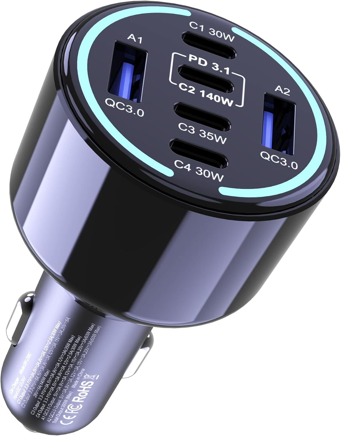 CHIPOFY 300W USB C Car Charger, 6 Ports (4 USB C + 2 USB A) - PD3.1 140W PPS 100W QC 60W Super Fast Charging for Macbook Laptop, Iphone 16 15 14 Pro Max, Ipad, Galaxy S24/S23 Ultra Etc