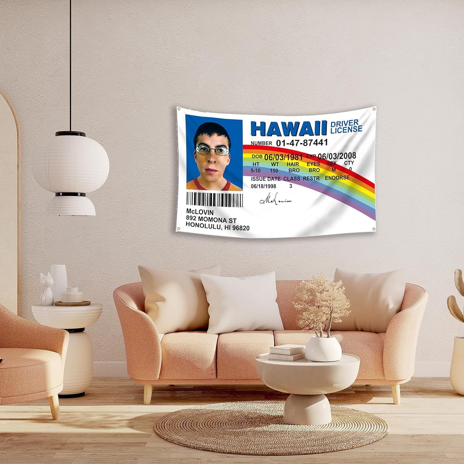 Mclovin ID Fake Driver License Indoor Flag 90 * 150 CM, Polyester Thickness, Fade Resistant, 4 Brass Grommets, Canvas Header, Vibrant Colors,Not Fear of Rain and Snow image number 6