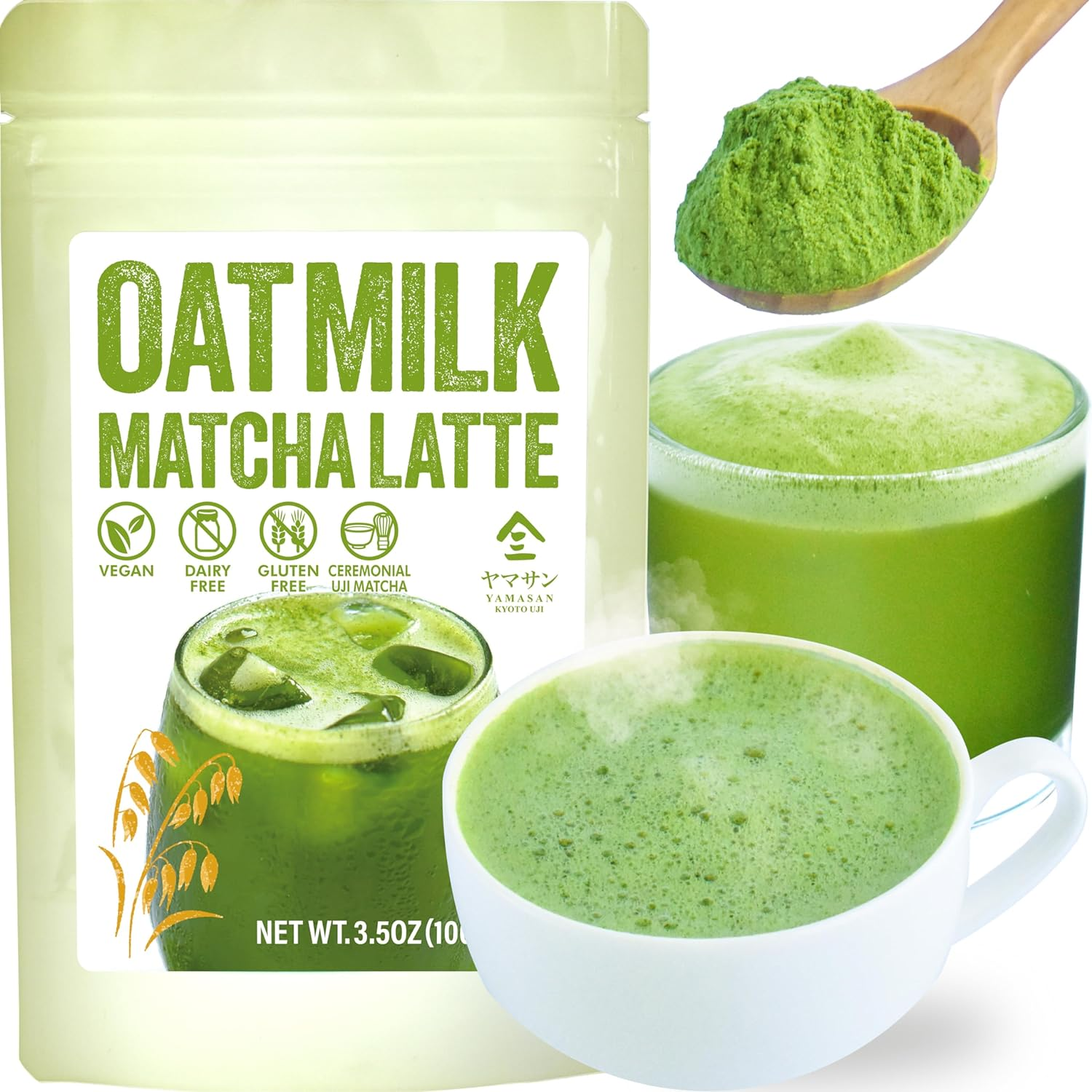 YAMASAN KYOTO UJI Japanese Oat Milk Matcha Latte, Uji Matcha Ceremonial Grade with Oat Milk Instant Latte Mix, Dairy-Free, 100% Plant Based, Vegan, Gluten-Free, No Refined Sugar, Made in Japan 3.5Oz(100G) image number 5