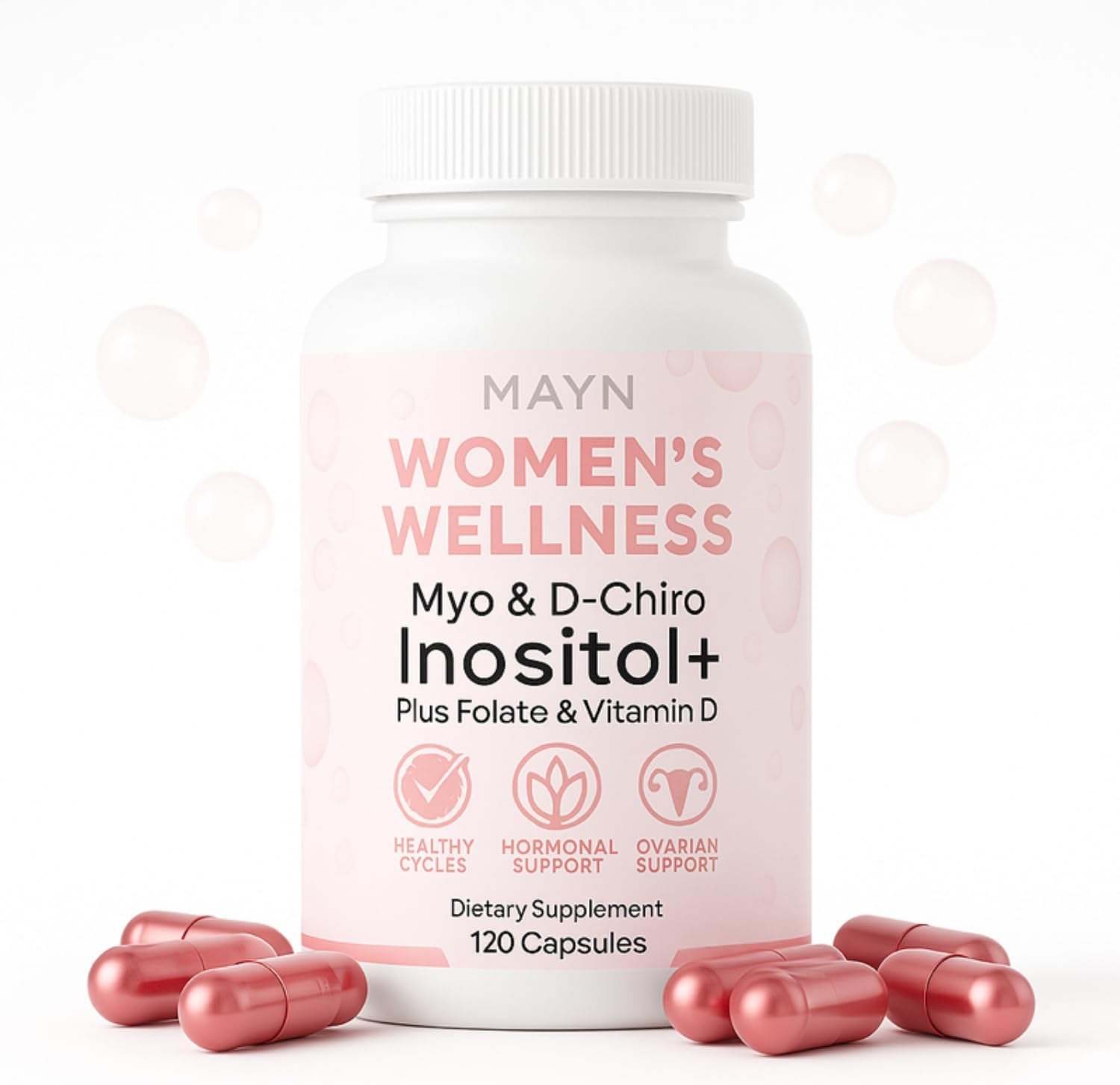 Myo-Inositol + D-Chiro Inositol 40:1 Complex &ndash; with Folate & Vitamin D3 &ndash; 2000Mg Myo + 50Mg D-Chiro &ndash; Women&rsquo;S Wellness Formula &ndash; 120 Vegan Capsules by MAYN