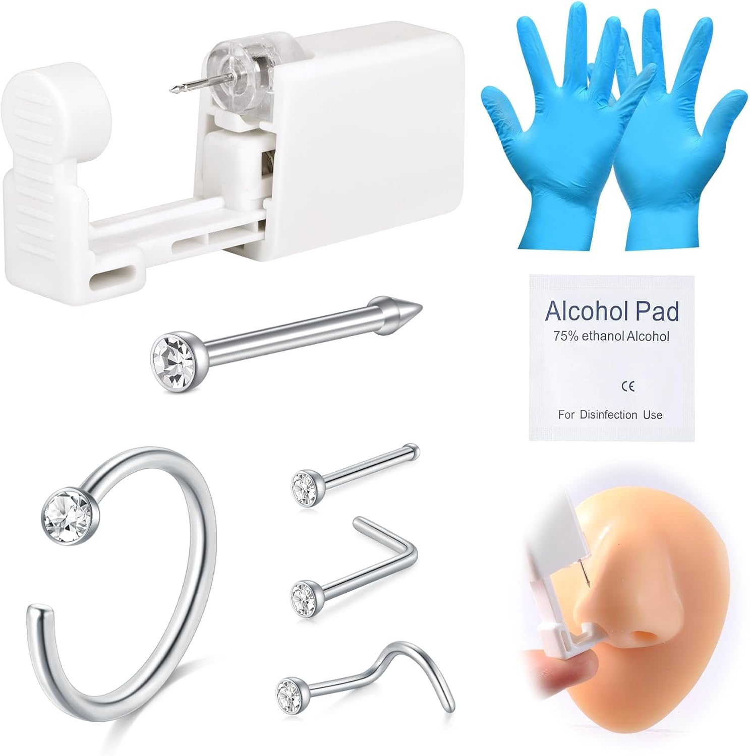 DJCIW 8Pcs Nose Piercing Kit, Piercing Gun Built-In Silvery Nose Studs, Painless Self Piercing Kit with 20G Nose Hoop Rings Studs, Disposable Piercing Gun for at Home Nose Piercing