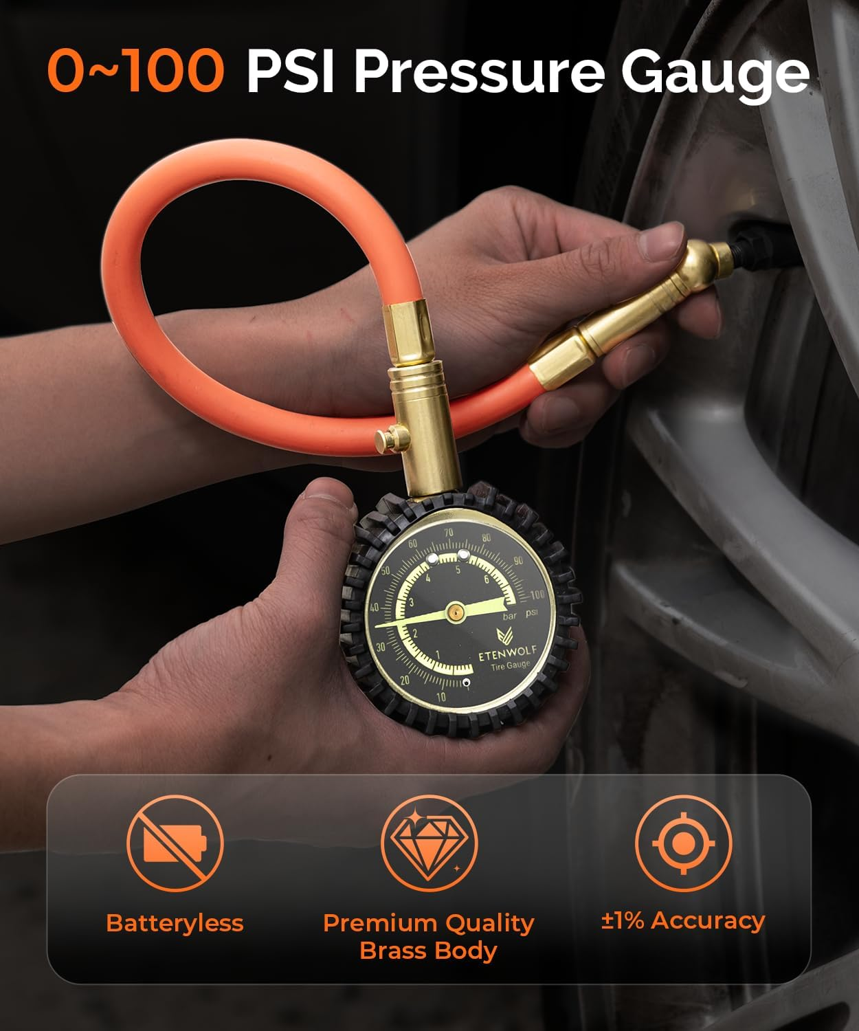 ETENWOLF Tyre Pressure Gauge 0-100 PSI, ANSI B40.1 Grade a Accurate Tyre Gauges for Tyre Pressure with Large Glow Dial, Air Pressure Gauge for Tyres, Car Accessories image number 1