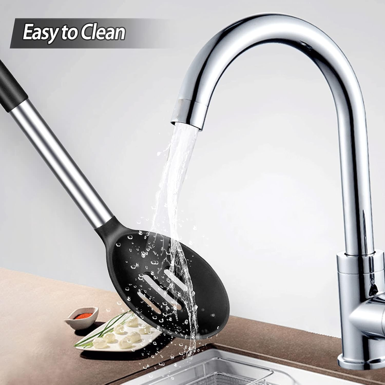 Pack of 2 Large Silicone Cooking Spoons, Non-Stick Stainless Steel Slotted and Solid Spoon Set for Serving, Mixing, Draining, Heat Resistant, Scratch Resistant and BPA Free Kitchen Scoops (Black) image number 1