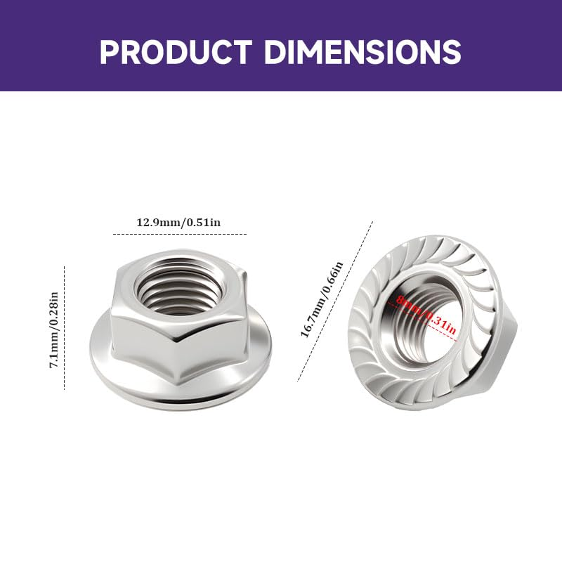 Flange Hex Lock Nuts 8 Pcs 304 Stainless Steel Silver Serrated Anti-Loosening Nuts Thread Loct for Machinery、Automotive、Wood、Metal、Furniture