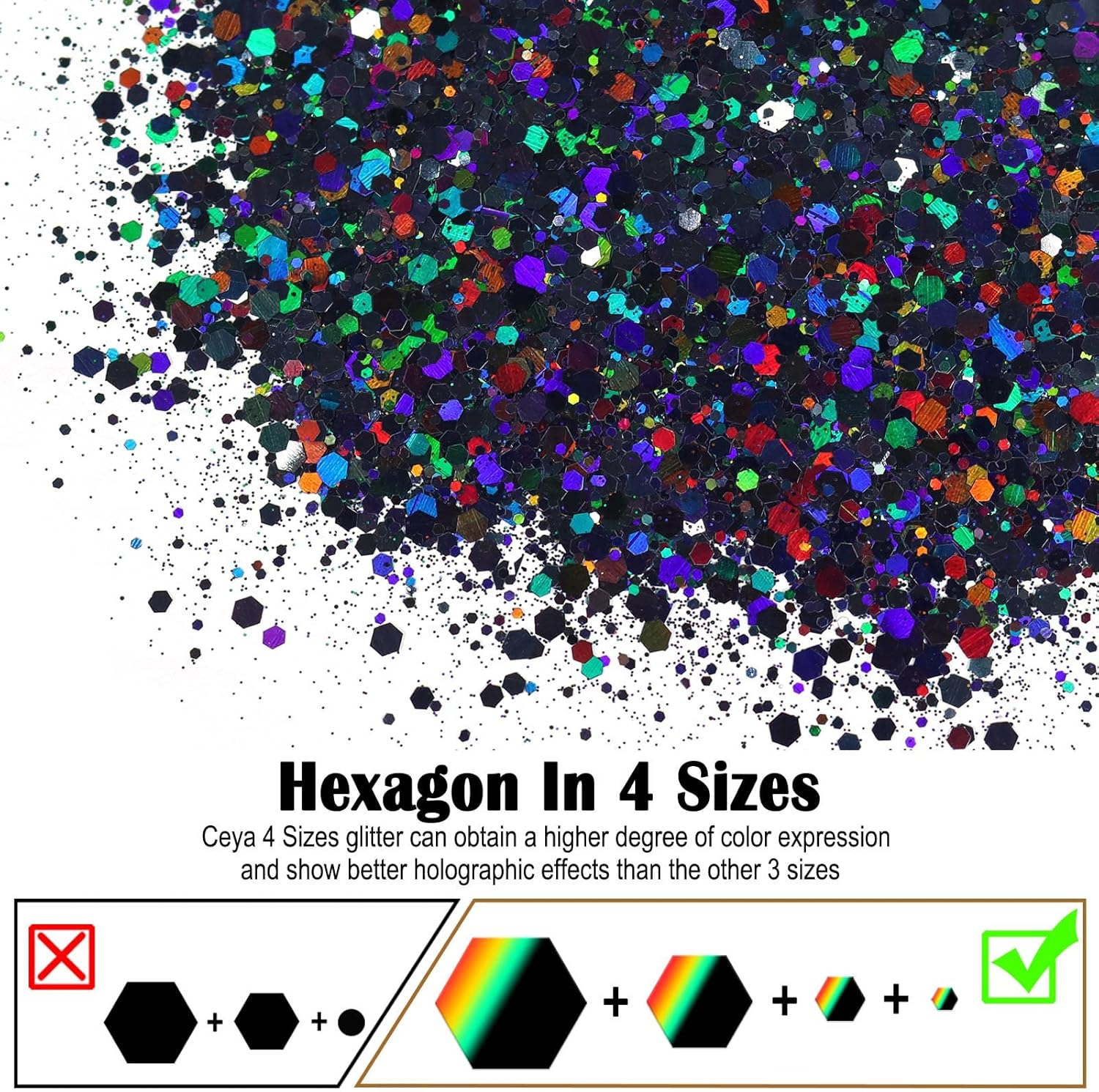 Ceya Holographic Chunky Glitter, 4.9Oz/ 140G Black Craft Glitter Powder Mixed Chunky Fine Flakes Iridescent Nail Sequins for Nail Art, Hair, Epoxy Resin, Tumblers, Slime, Painting, Festival Decor - Black image number 5