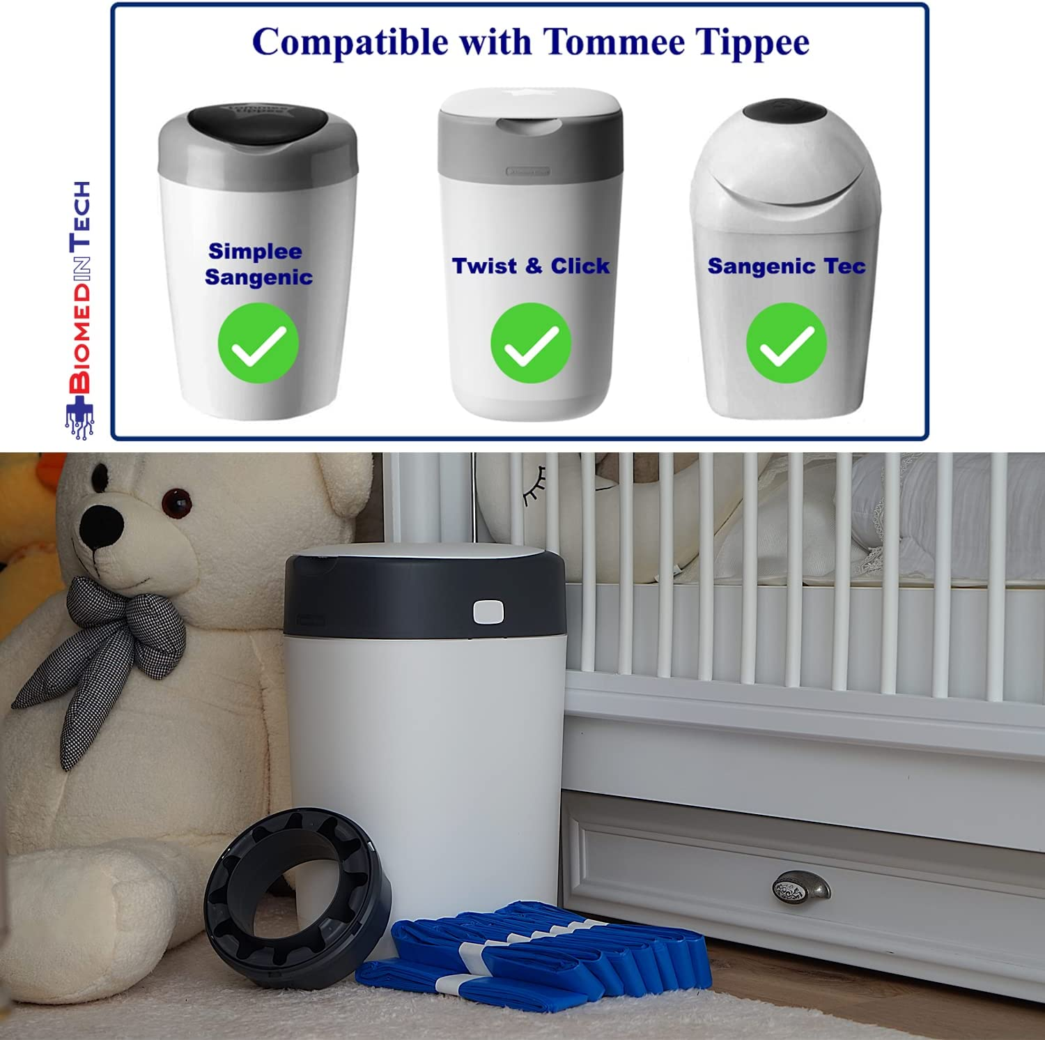 8-Pack (80M) Nappy Bin Refill Bags Compatible with Tommee Tippee Twist & Click Refill - Max Odor Lock and Germ Protection, Newborn Baby Diaper Pail Liner, Cassette Not Included (10M Each) image number 1