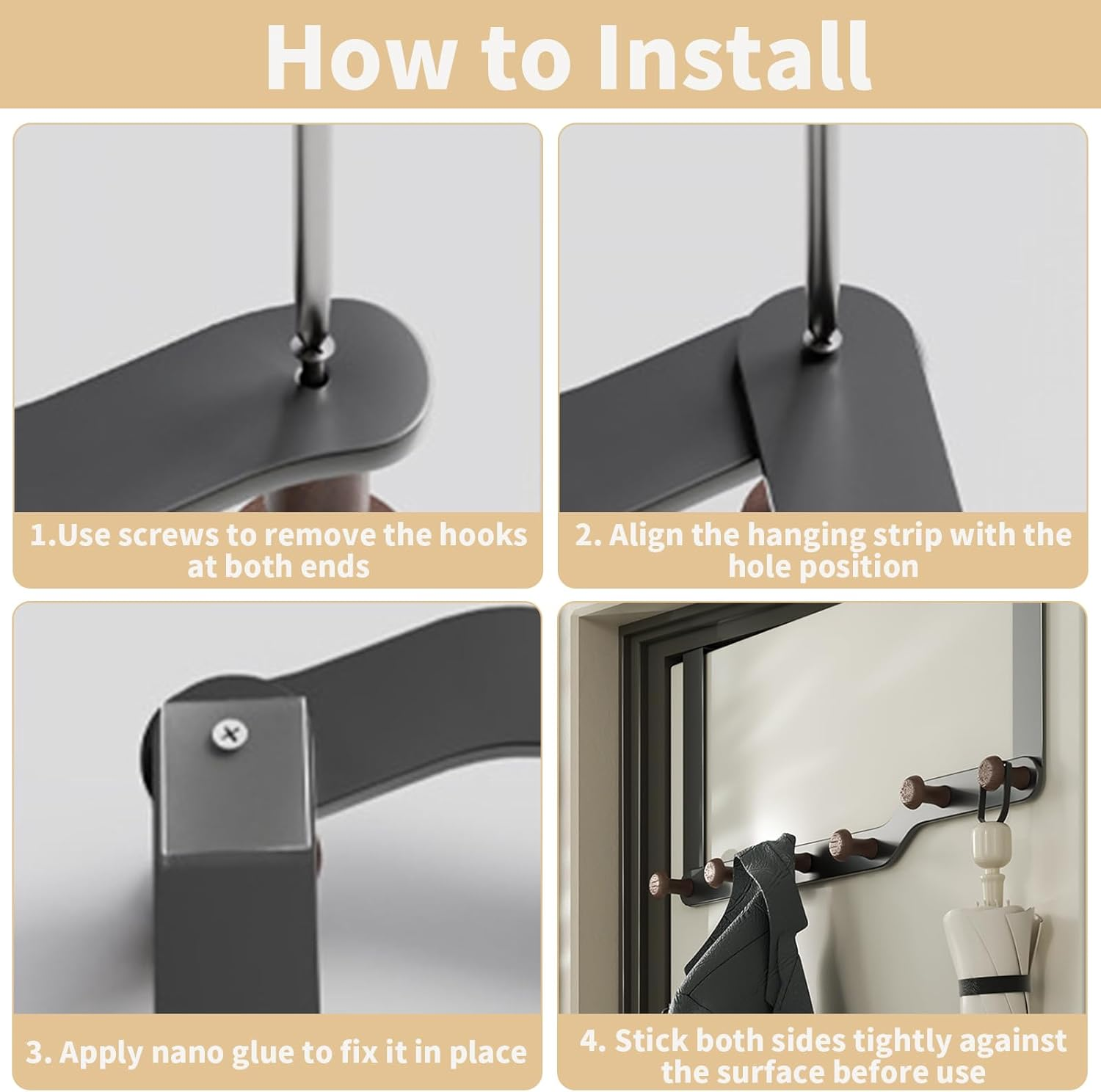 Over the Door Hooks Hanger for Clothes with 6 Wooden Door Hooks Sturdy Towel Rack Heavy Duty Coat Hooks on Back of Bathroom Bedroom Closet Doors for Hanging Clothes Hat Towels Umbrellas Key (Grey) image number 2