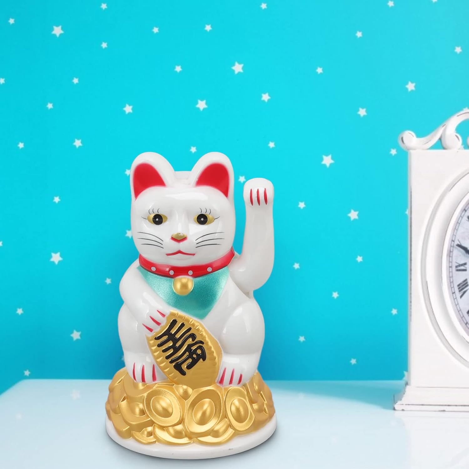 Jiawu Lucky Fortune Cat, Maneki Neko, Feng Shui Lucky Cat Ornament, Battery Operated Gold Fortune Cat Hand Waving Wealth Welcoming Cat Sculpture for Home Decoration Gift Giving (4.5In White) image number 1