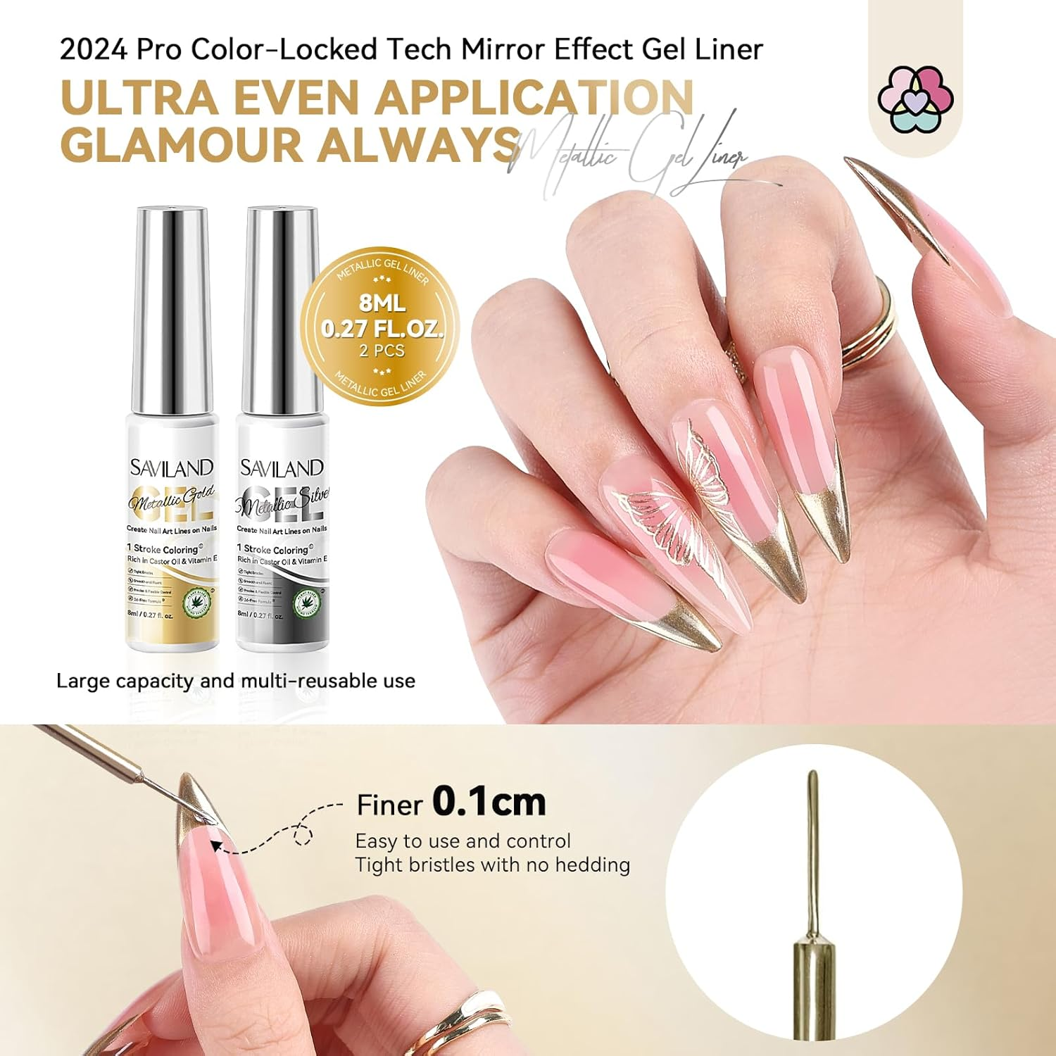 SAVILAND Metallic Gel Nail Polish Liner Ultra-Smooth: 2 Pcs Silver&Gold Metallic Gel Liner Halloween Nail Art image number 1