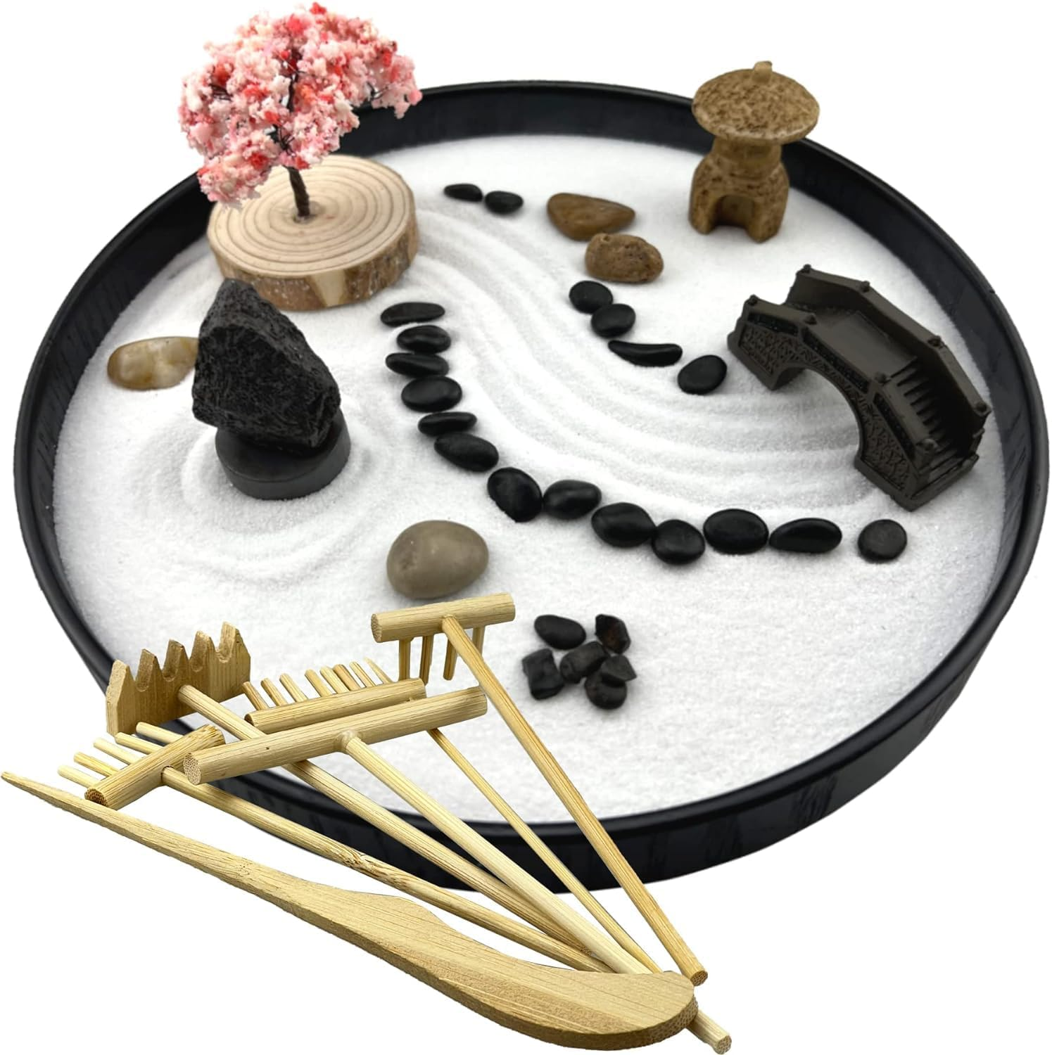 Miners2000 Zen Garden for Desk Japanese Zen Garden Kit 8 Inch Large round with 6 Sand Rake and Accessories Tray Mini Desktop Zen Decor for Home Office Therapy Relaxation Meditation ﻿ image number 5