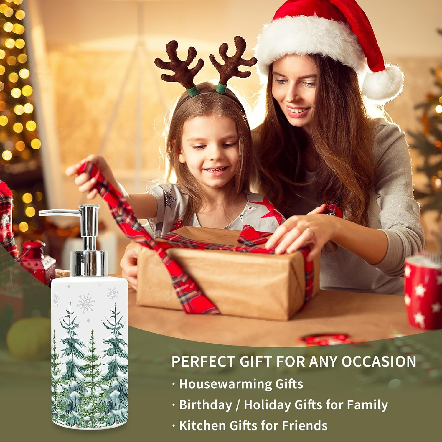 Jarthenaamcs Christmas Soap Dispenser Watercolor Xmas Tree Glass Dispenser with Pump Refillable Liquid Soap Container for Home Kitchen Bathroom Countertop image number 3