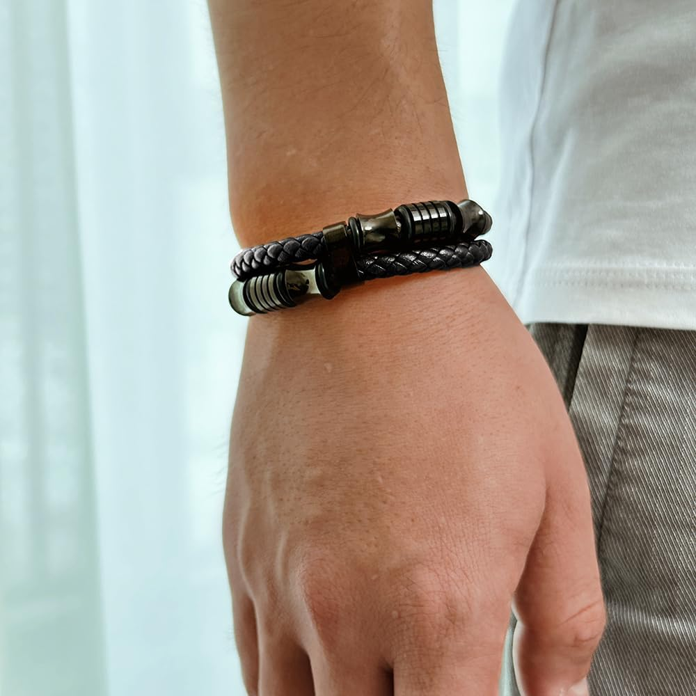 HEIX Men'S Premium Leather Bracelet Magnetic Stainless Steel Clasp in Dark Blue and Brown Great Gift Idea for Men & Boys Jewelry (Black) - Black, 19.0 Centimeters image number 5