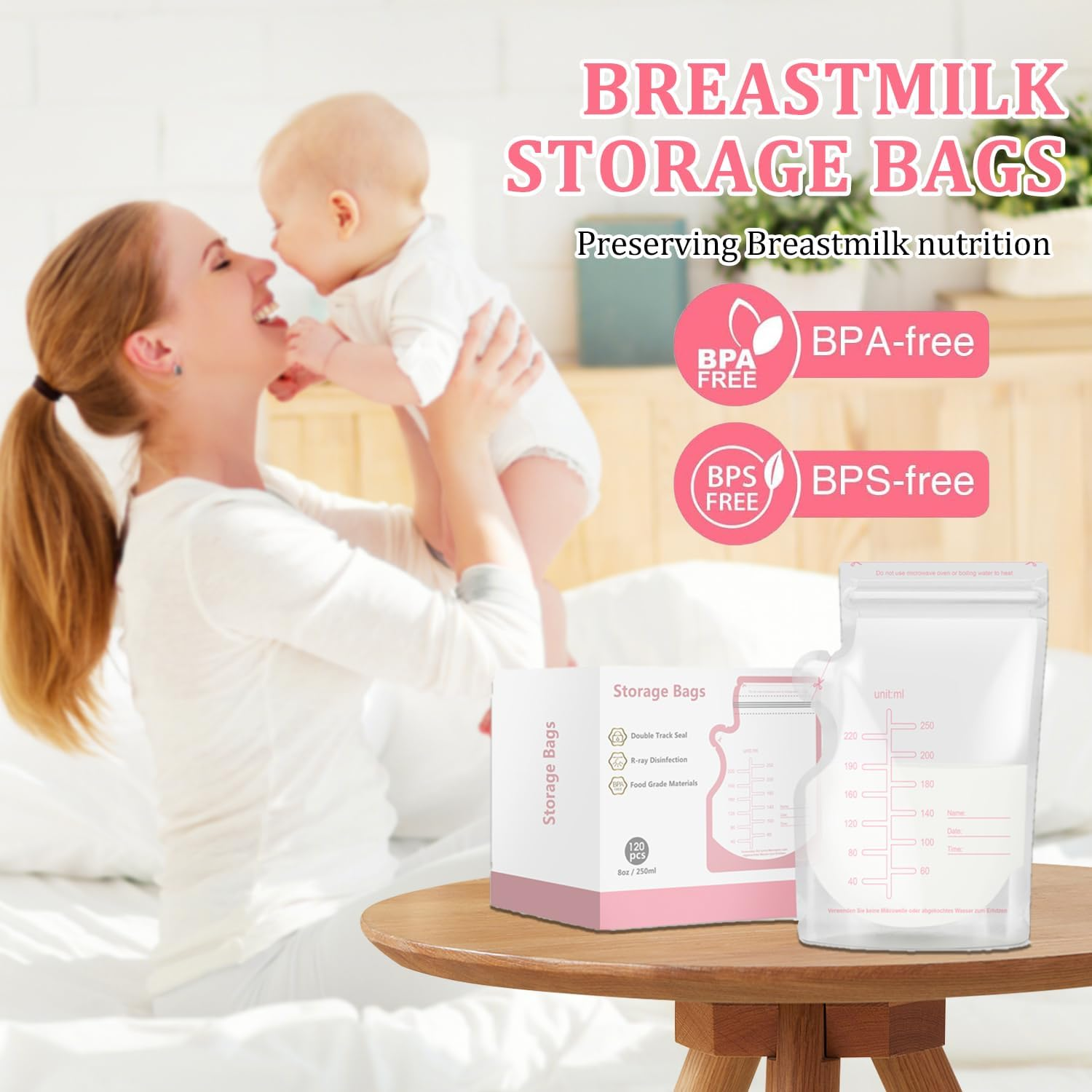 Breast Milk Storage Bags 120 Pack,Recyclable & BPA Free,Pre-Sterilised,Breastfeeding Disposable Milk Storage Bag,No-Leak Milk Freezer Storage Pouche,250Ml/8.8Oz Capacity image number 1