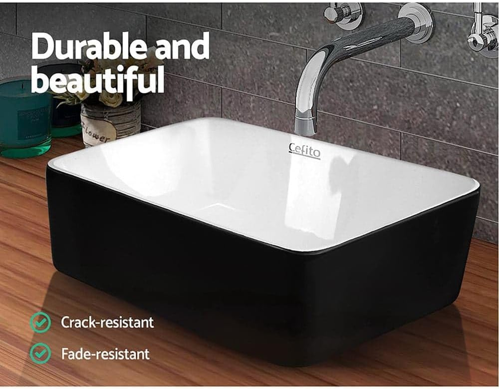 Cefito Bathroom Basin Vanity Sink, Ceramic Hand Wash Basins Vessel Sinks above Counter Top Tools Kitchen Home Improvement, Rectangle High Gloss Finish Modern Scratch-Resistant Black White image number 1