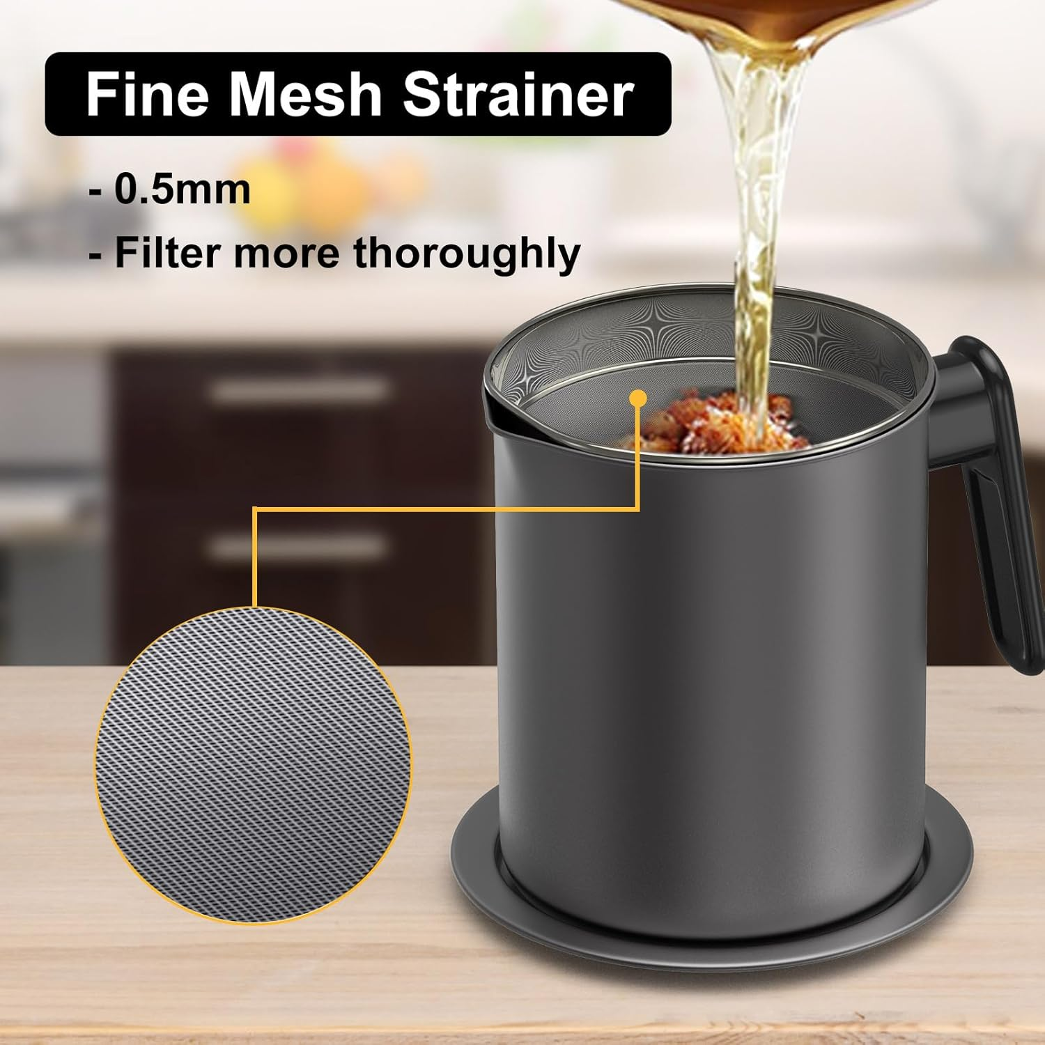 Bacon Grease Container with Fine Mesh Strainer - 1.7L / 6.8 Cups Cooking Oil Storage Can with Removable Dustproof Lid and Coaster Tray - Oil Pot for Used Cooking Oil, Fat, Frying Oil, Kitchen Fat image number 3