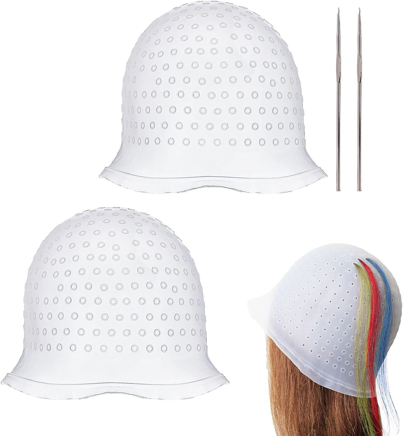 UILYNIU 4 Pieces Silicone Highlight Cap Highlight Hair Cap, Hair Colouring Highlighting Cap, Highlight Cap with Holes Hood 2 Hooks Needle, Colouring Hair Hairdressing Tool for Girls (White) image number 3