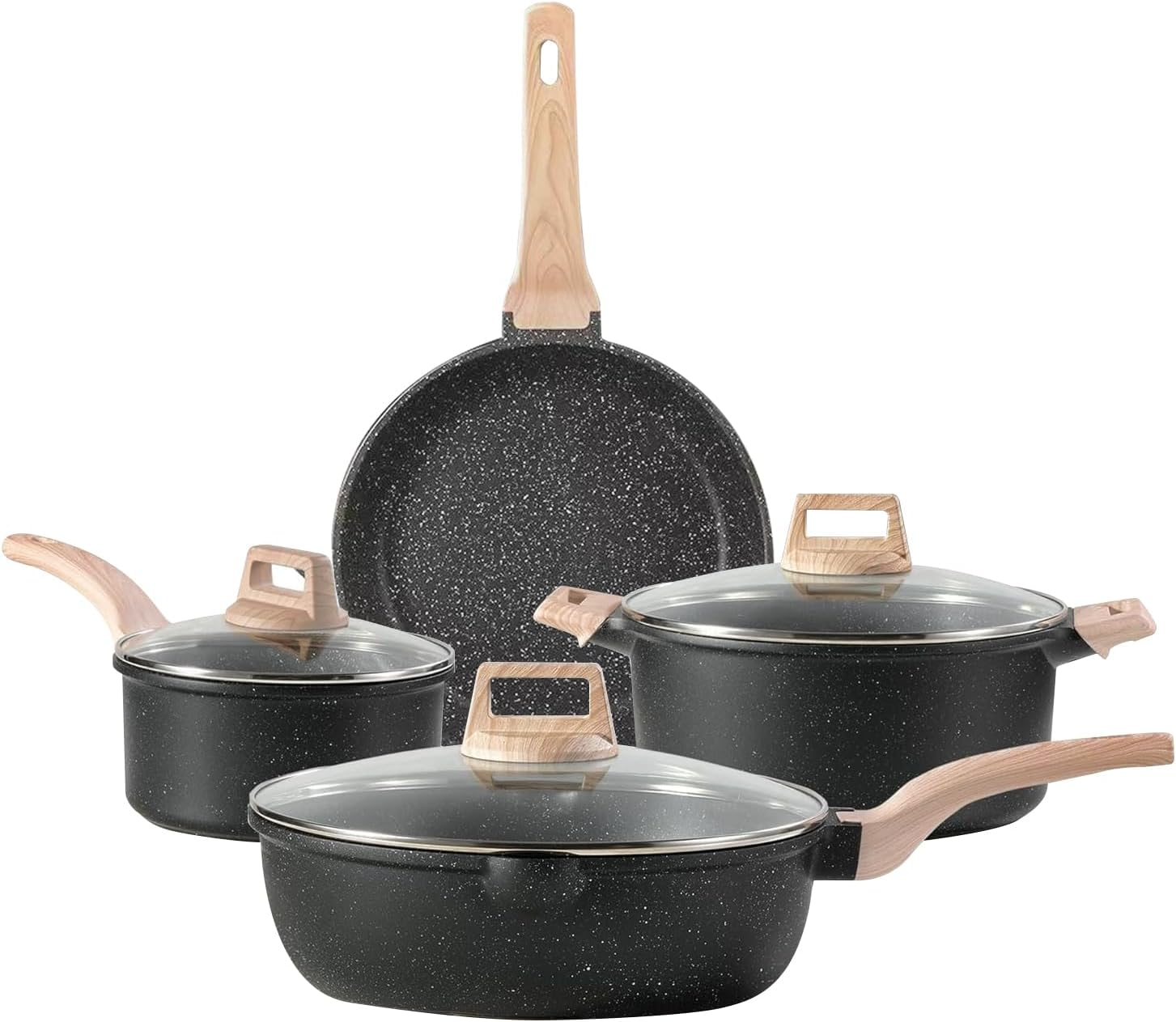 Sonicefit Nonstick Pots and Pans Set, 7PCS Induction Healthy Cookware Set with Saute Pan Saucepan Casserole Frying Pan, Non-Toxic Kitchen Cooking Set for All Stoves, PFAS & PFOA Free (Black-7Pcs)