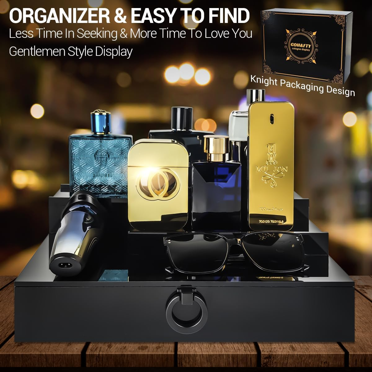 GOH&FTY Cologne Organizer for Men,3 Step Arylic Waterproof Black Cologne Stand with Drawer and Secret Compartment,Perfume Cologne Holder Tray Display Shelf as a Gift for Men in Dresser,Bedroom image number 2