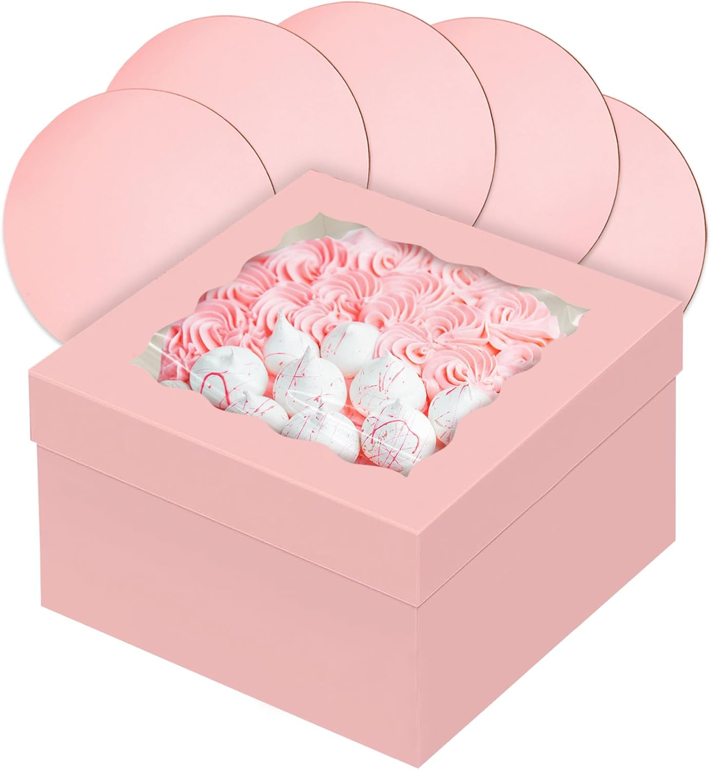 Qiqee 12X12X8 Inch Cake Box, 5 Sets Pink Cake round Boards ＆ 5 Sets 12 Inch Pink Cake Box with Window, Cake Containers(30.48X30.48X20.32Cm) image number 1