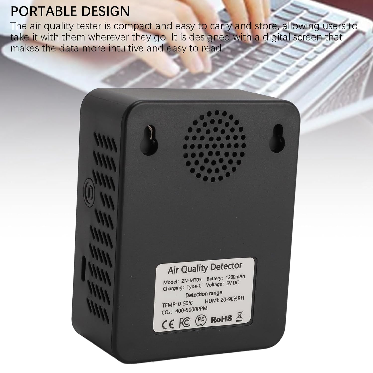 Tnfeeon Air Quality Detector Portable Color Display CO2 Temperature Humidity Tester for Home Office School Hotel, ABS Material (Black) - White image number 4