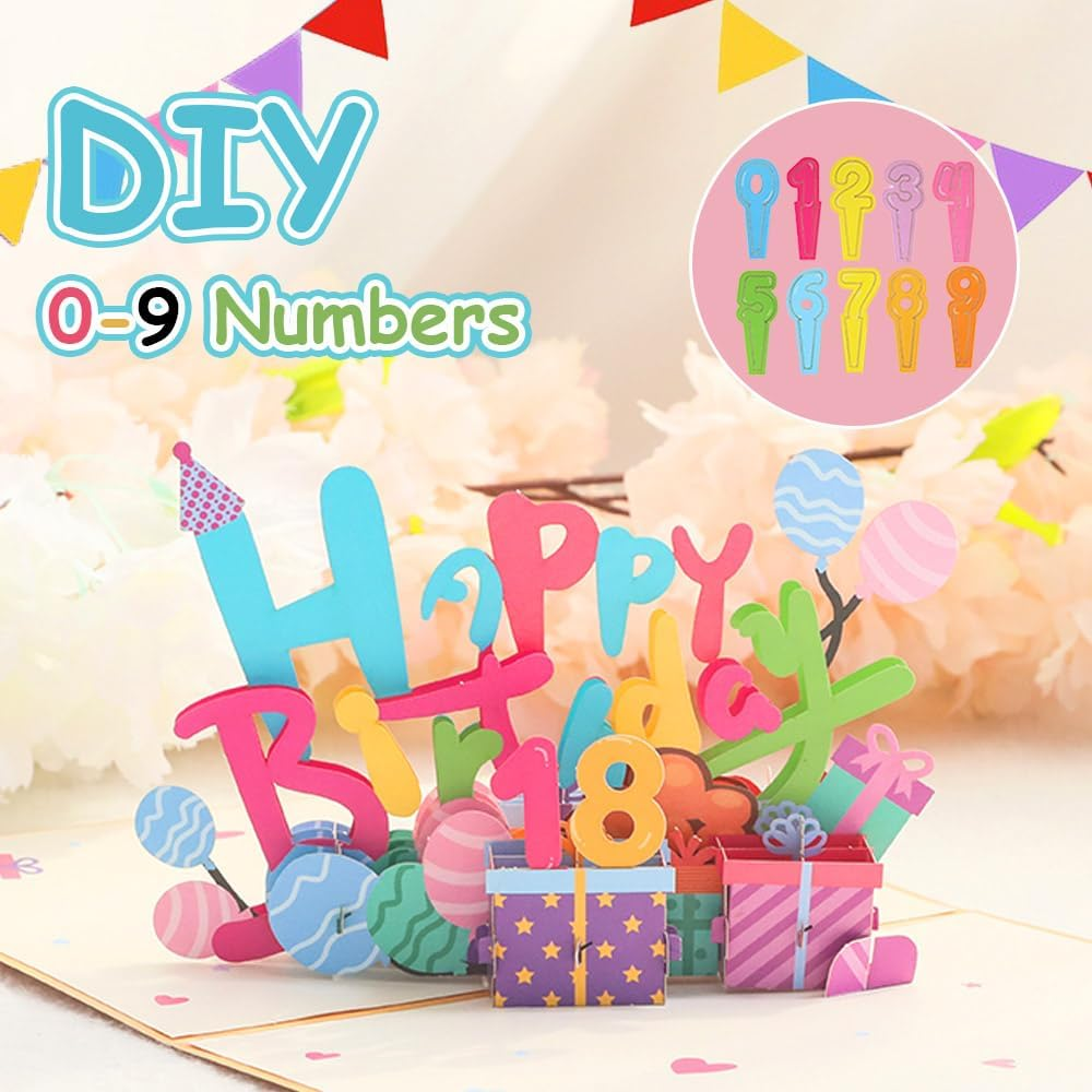 3D Birthday Card Anniversary Pop up Cards DIY 1~100Th Birthday Cards for Kids Men and Women,Happy Birthday Card with DIY Numbers Birthday Candles,Envelope,Message Card&Sticker image number 4