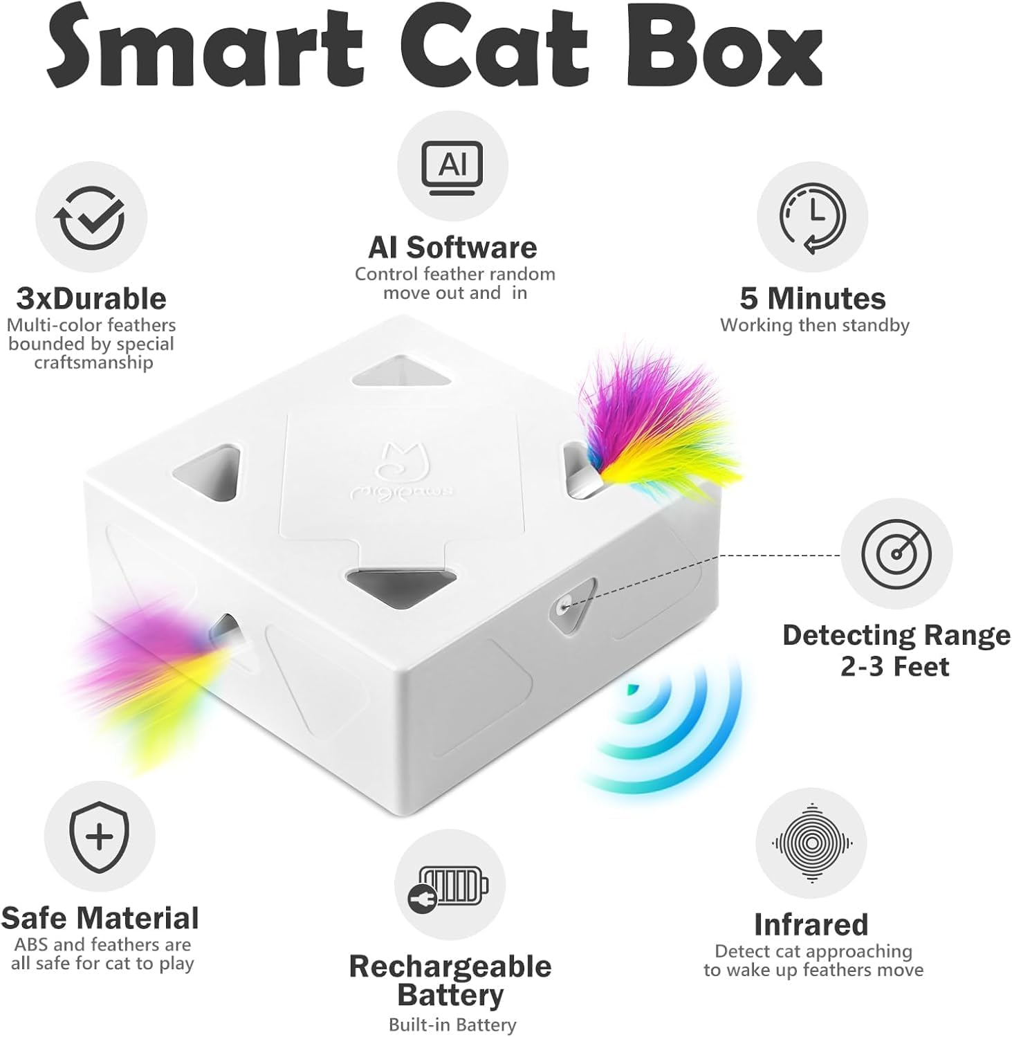 Migipaws Cat Toys, Interactive Automatic 7 Holes Mice Migibox, Ultra Fun Smart Teaser Toy for Indoor Cats, USB Rechargeable, 4 Pieces Feather Refills