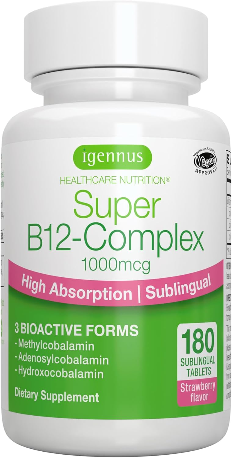 Super B12-Complex 1000Mcg, High Absorption Sublingual Vitamin B12 in Three Bioactive Forms with Methylcobalamin, Vegan, 180 Tablets image number 5