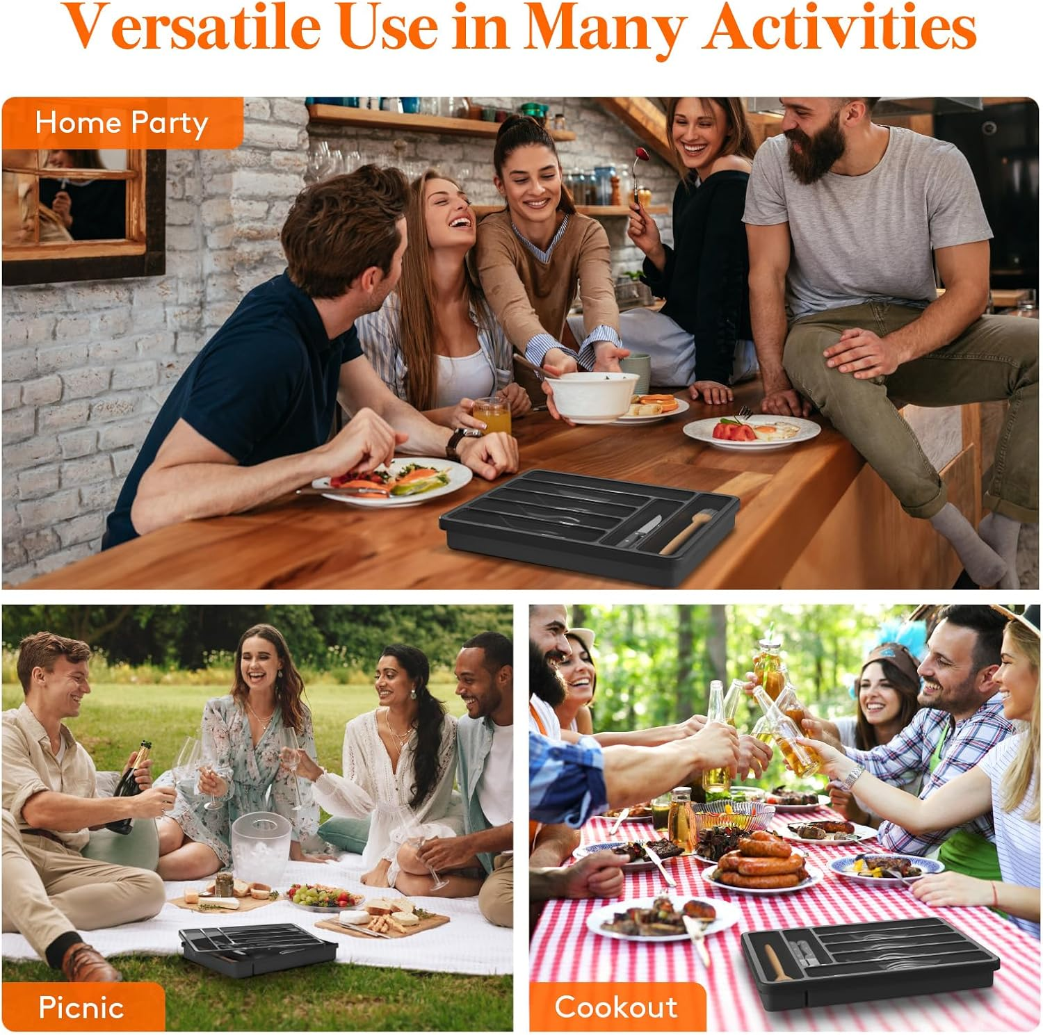 Lifewit Silverware Organizer with Lid, Covered Utensil Tray for Kitchen Drawer and Countertop, Plastic Cutlery and Flatware Storage Box for Spoons Forks Knives Holder Case, 7 Compartments, Black image number 3